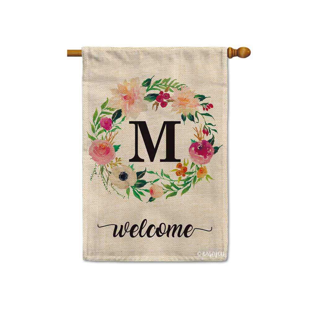 BAGEYOU Spring Watercolor Floral Wreath House Flag - Double Sided 28x40 Inch Outdoor Decorative Banner with Monogram Letter M - Perfect for Porch, Garden & Seasonal Home Decor