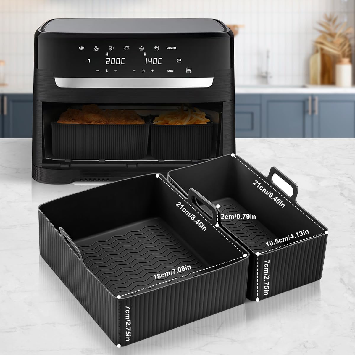 VIRIECH Silicone Air Fryer Accessories Set of 2 - Compatible with Moulinex EY9018, Dual Air Fryer Lakeland 5L/3L, Tower T17099, Salter EK5729 - Reusable Non-Stick Baking Molds for Oil-Free Cooking - Perfect for Roasting, Baking, and Meal Prep