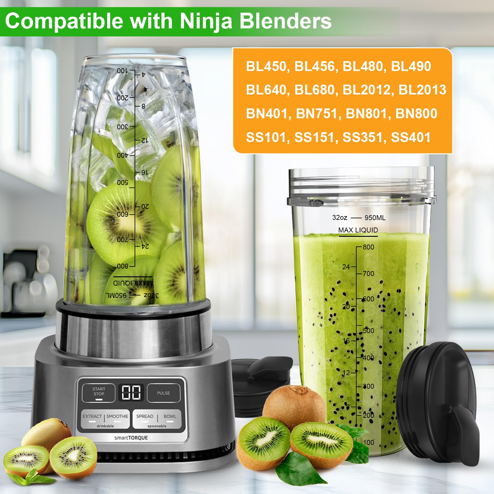 32oz Ninja Blender Cups Replacement with To-Go Lids - Compatible with BL450, BL456, BL480, BL2012, BL2013, BN401, BN751, BN801, SS101, SS151 - Perfect for Smoothies, Protein Shakes & Meal Prep On-The-Go