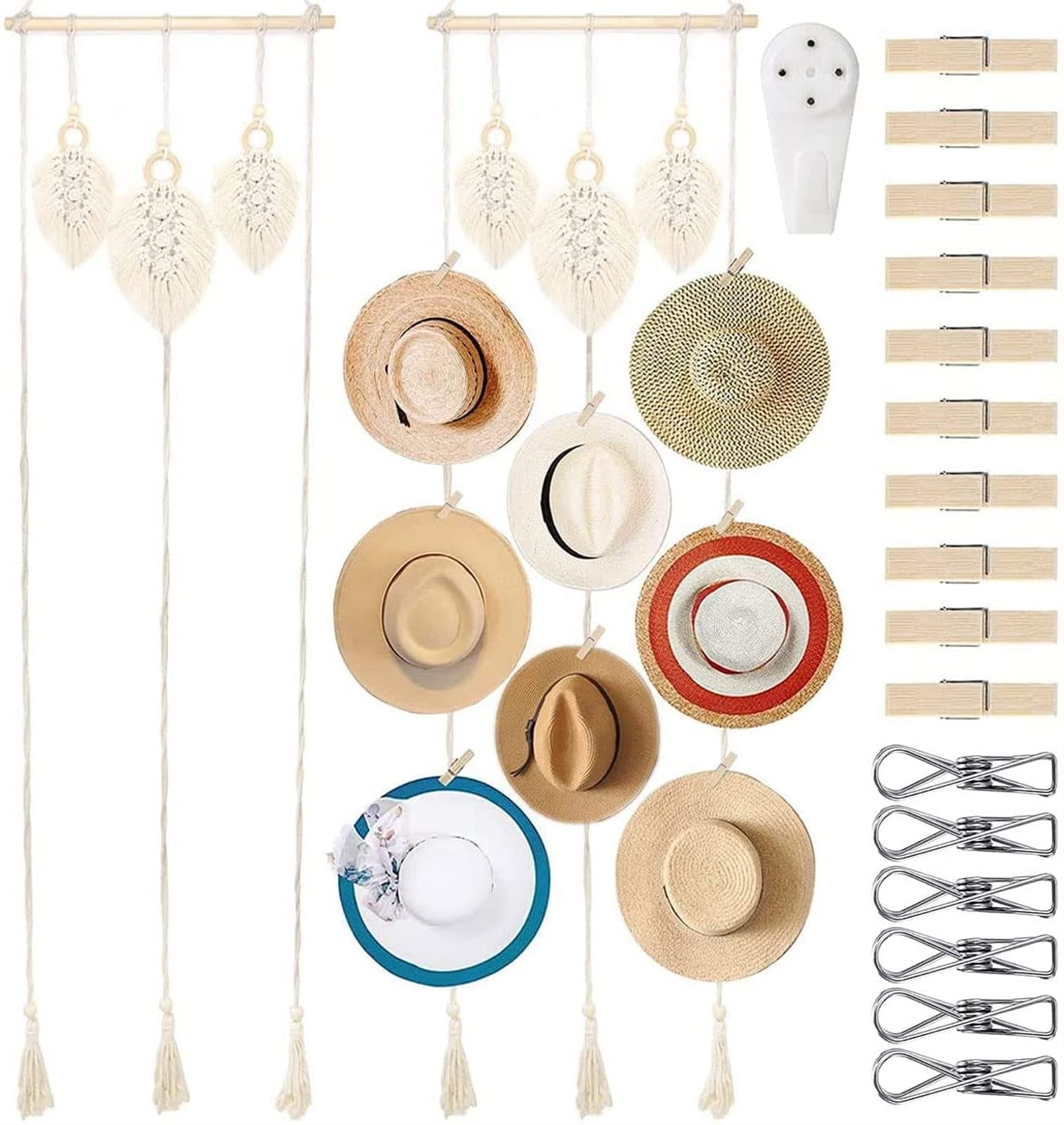 Bohemian Wall Mounted Hat Rack with 10 Clips - Hand Woven Hat Organizer for Baseball Caps & Cowboy Hats - Stylish Hat Storage & Display Solution for Bedroom, Entryway or Boutique Shop