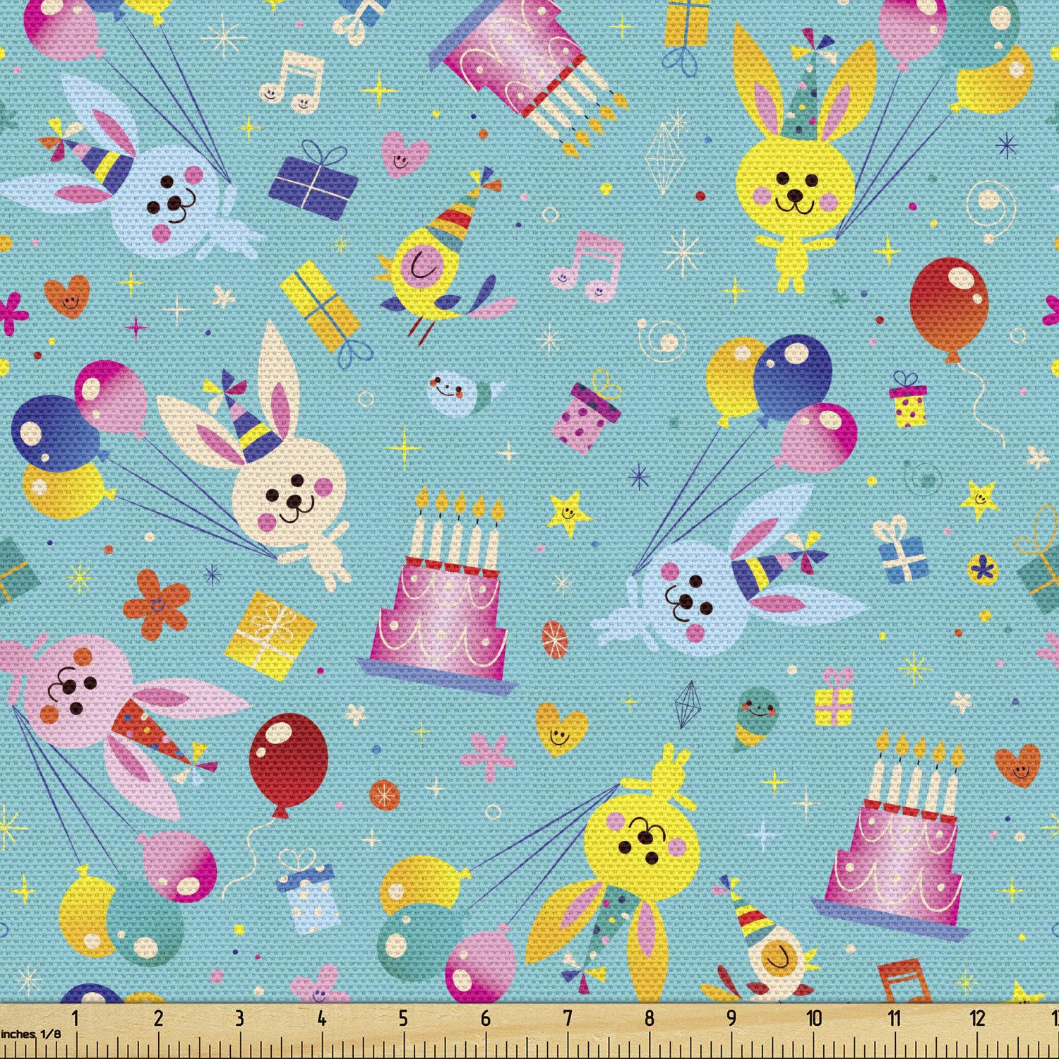 Ambesonne Birthday Party Fabric by The Yard - Decorative Upholstery & Home Accent Fabric with Bunnies, Cakes, Balloons & Gifts Print, 10 Yards, Dark Seafoam & Multicolor - Perfect for DIY Decor, Table Runners, Curtains & Party Backdrops