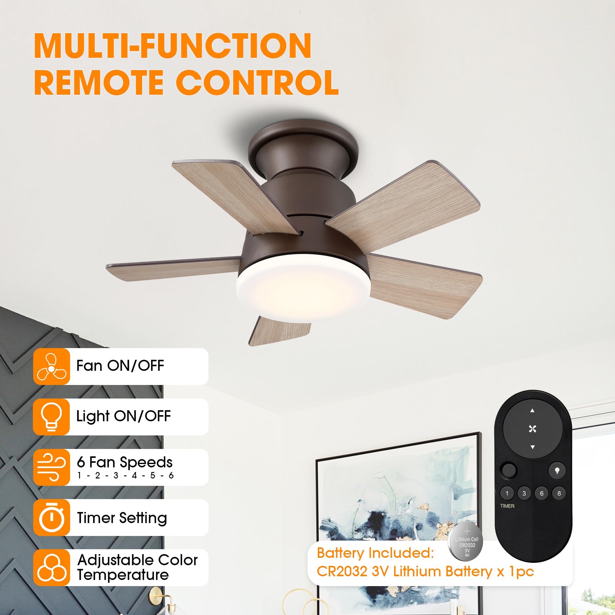 Parrot Uncle 24 Inch Bronze Ceiling Fan with Lights & Remote - Flush Mount Bedroom Fan, Dimmable LED Light & Reversible Motor | Perfect for Bedrooms, Living Rooms & Home Offices