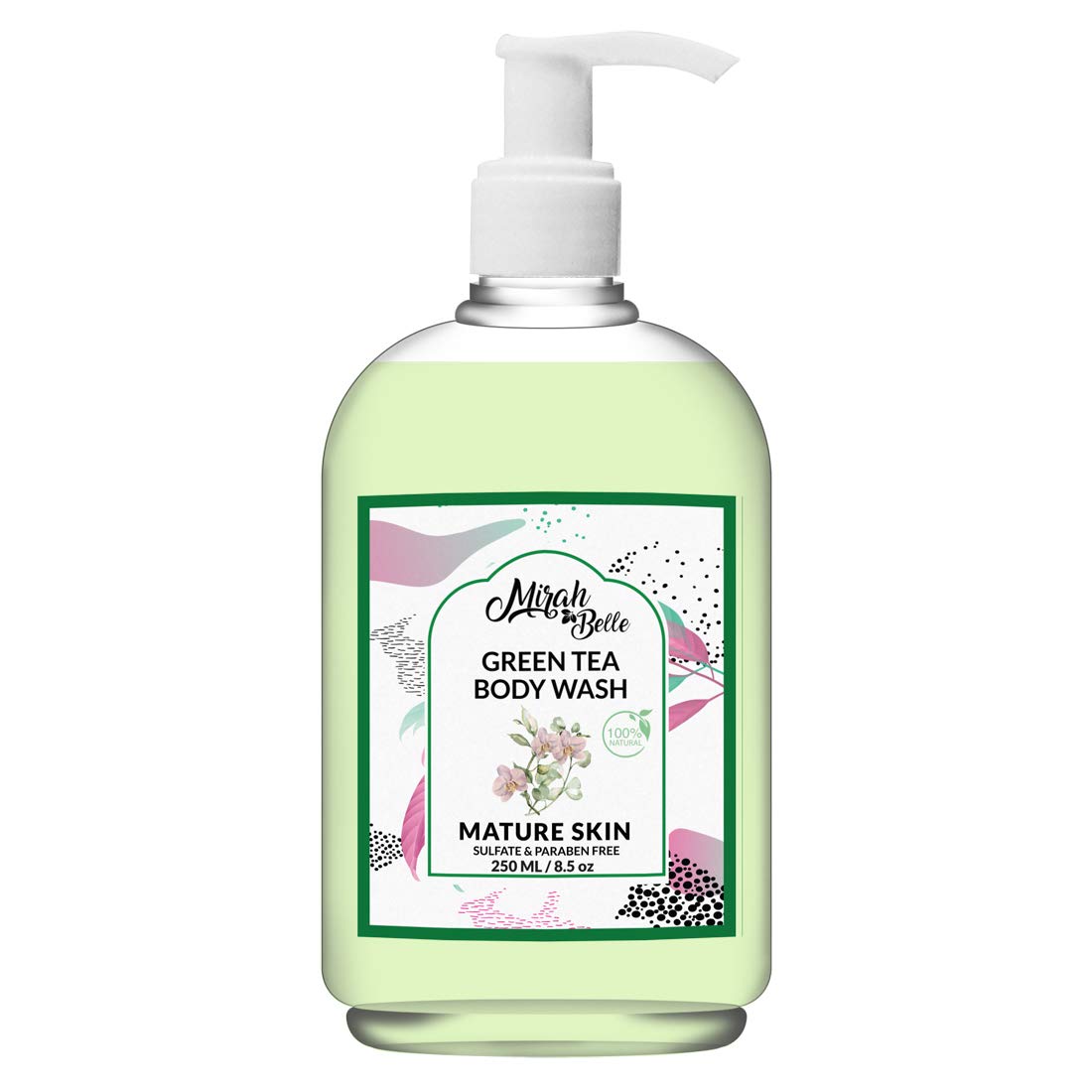 Mirah Belle Natural Green Tea Body Wash 250ml - Anti-Aging & Firming for Mature Skin - Sulfate & Paraben Free - Gentle Cleanser for Men & Women - Perfect for Daily Shower & Spa Relaxation