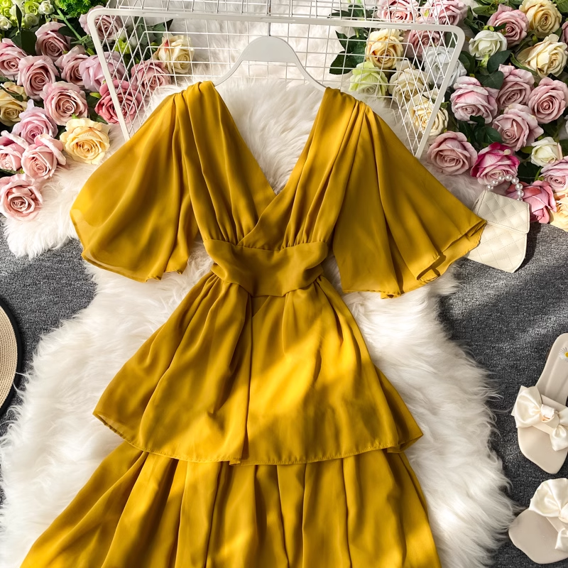 Elegant Chiffon V-Neck Backless Long Dress with Ruffle Hem - Perfect for Evening Parties, Weddings & Special Occasions