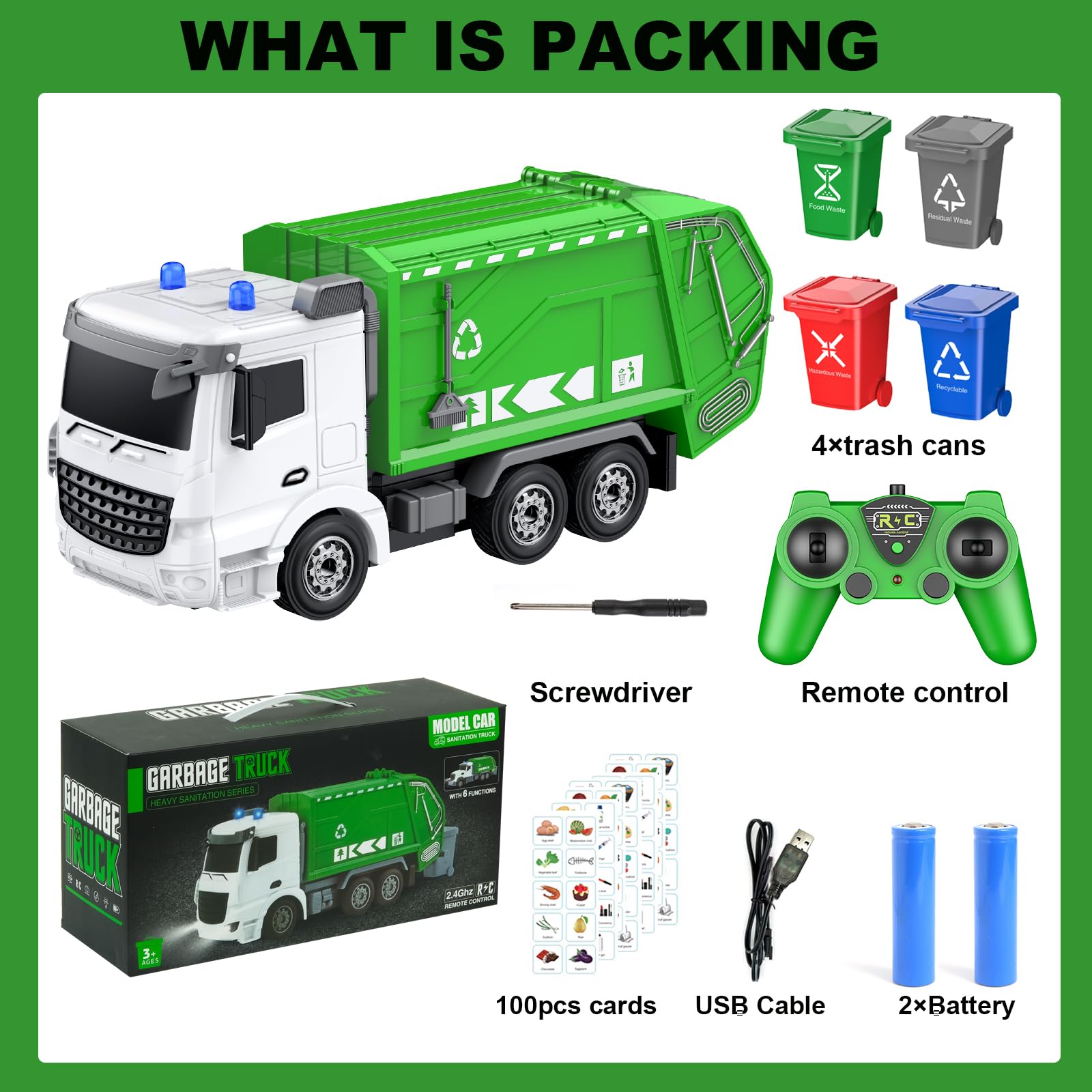 2.4GHz Remote Control Garbage Truck Toy with 4 Trash Cans & 6-Channel RC - Includes 100pcs Waste Sorting Cards - Educational Recycling Vehicle for Kids Ages 3+ - Perfect for Pretend Play, Waste Management Learning & STEM Education