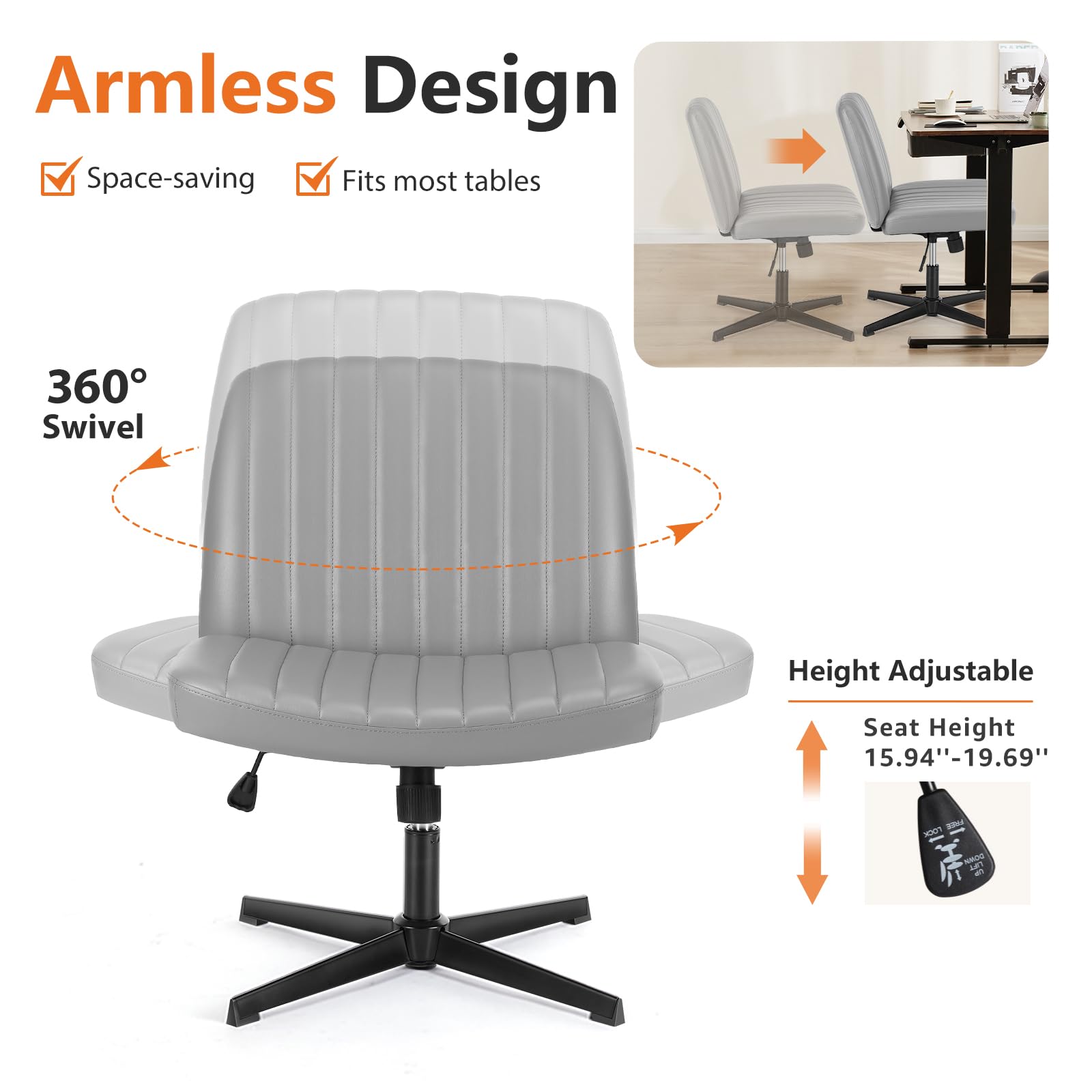 Sweetcrispy Armless Swivel Office Chair - Cross Legged Desk Chair Without Wheels, Wide Leather Seat for Home & Office Workspace | Perfect for Small Spaces, Meditation & Compact Workstations