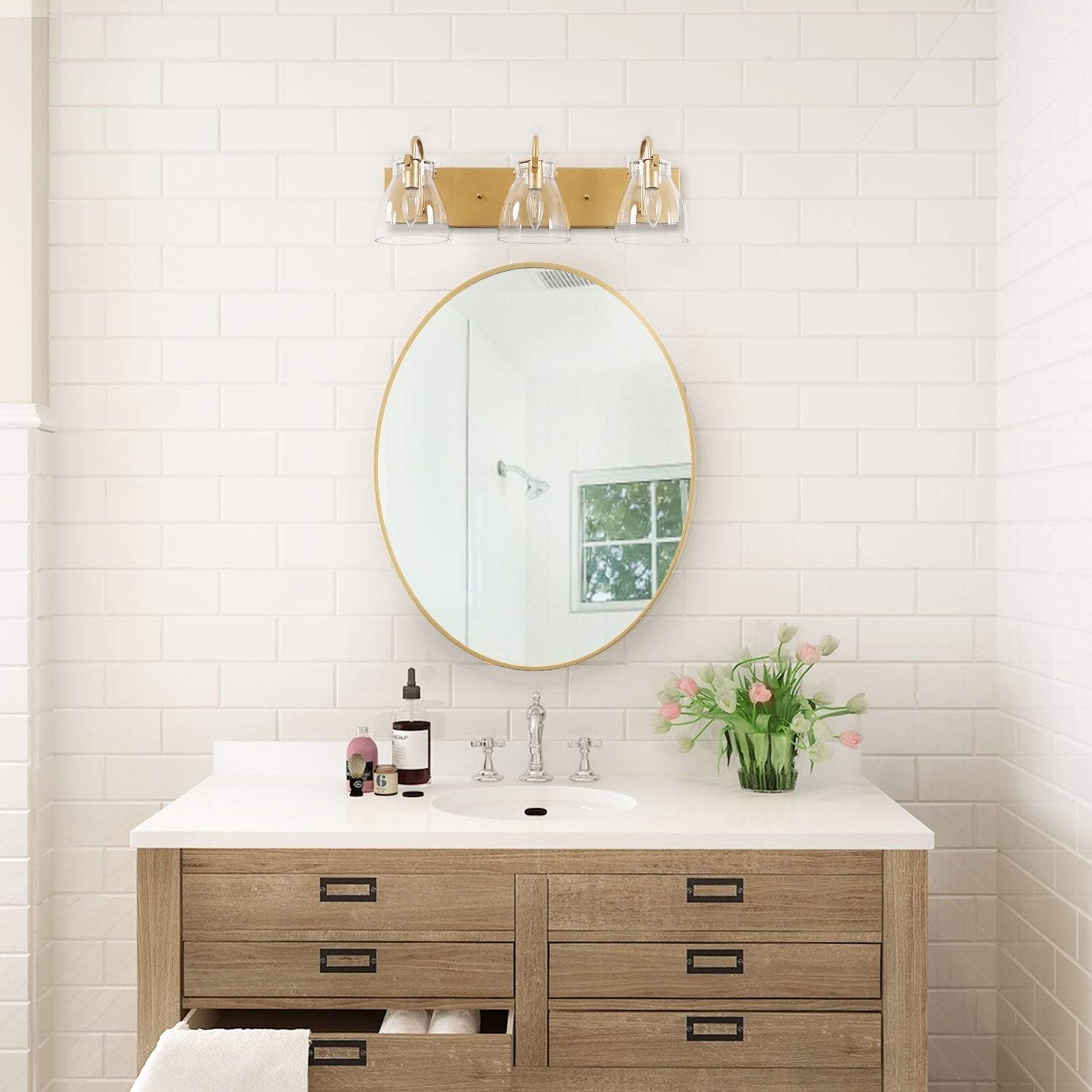 Modern 3-Light Gold Bathroom Vanity Lighting - Brass Wall Sconce with Dimmable Glass Shades (22