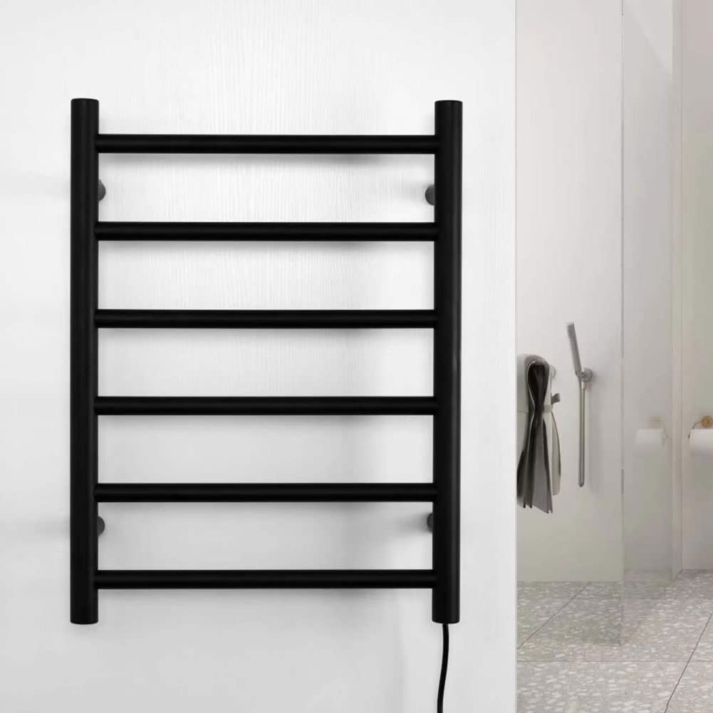FUREX 6 Bar Electric Heated Towel Warmer Rack - Wall Mount Plug-in Bathroom Towel Heater with LED Button Switch in Matte Black - Perfect for Spa, Luxury Bathroom & Home Decor