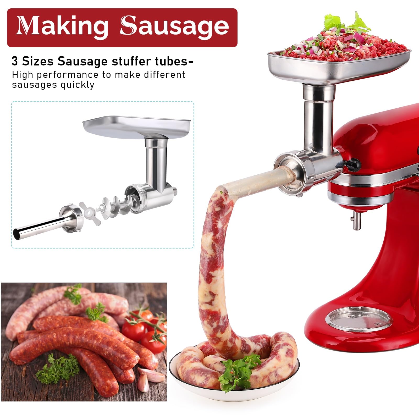 Premium Stainless Steel Food Grinder Attachment for KitchenAid Stand Mixers - Dishwasher Safe Meat Grinder with 3 Sausage Stuffer Tubes & Metal Knob - Perfect for Homemade Burgers, Sausages, and Pet Food Making