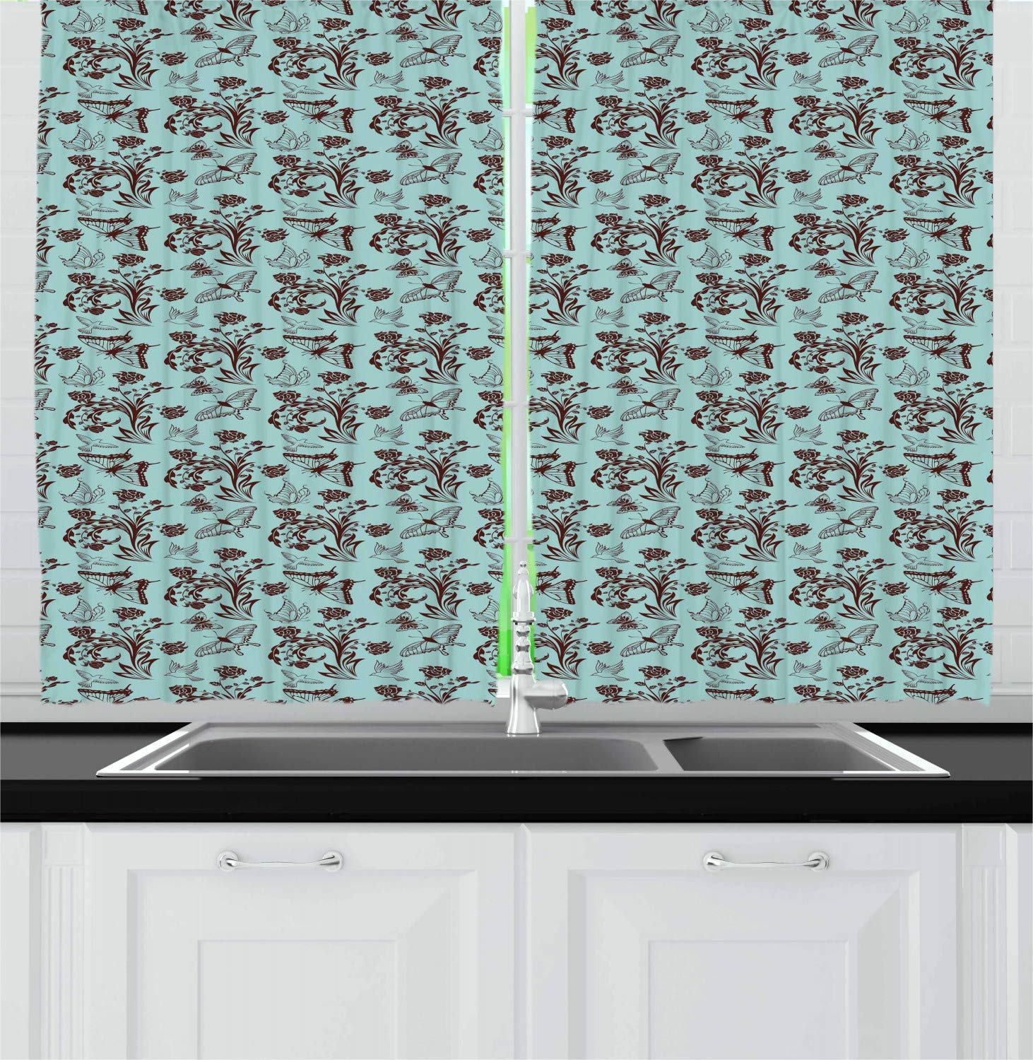 Ambesonne Floral Kitchen Curtains with Bird & Butterfly Silhouettes - Brown & Baby Blue Window Drapes 2 Panel Set (55