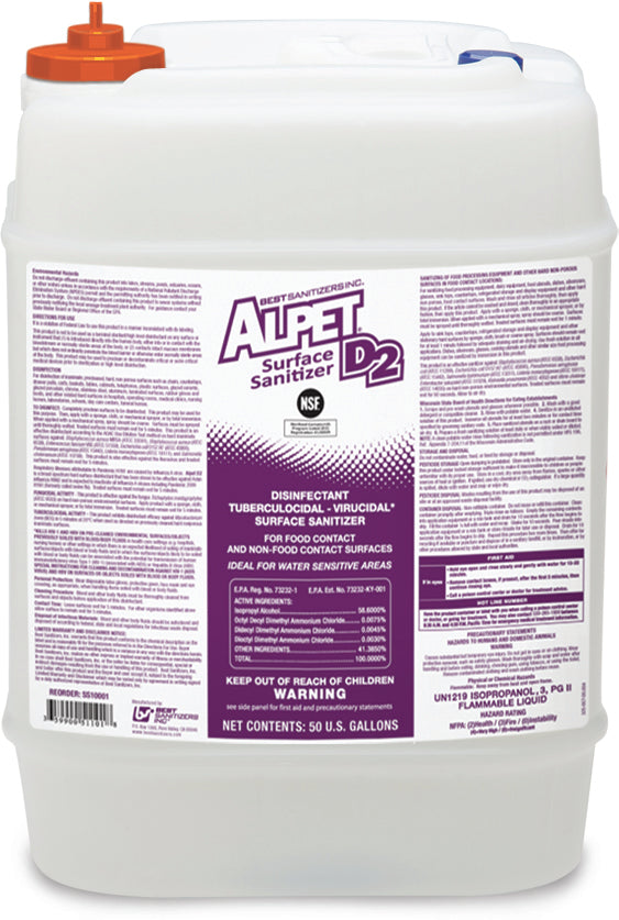 Alpet D2 Surface Sanitizer - 5 Gallon Industrial Disinfectant with Dip Tube, Insert & Shipping Cap | EPA-Approved for Hospitals, Schools & Food Service Areas