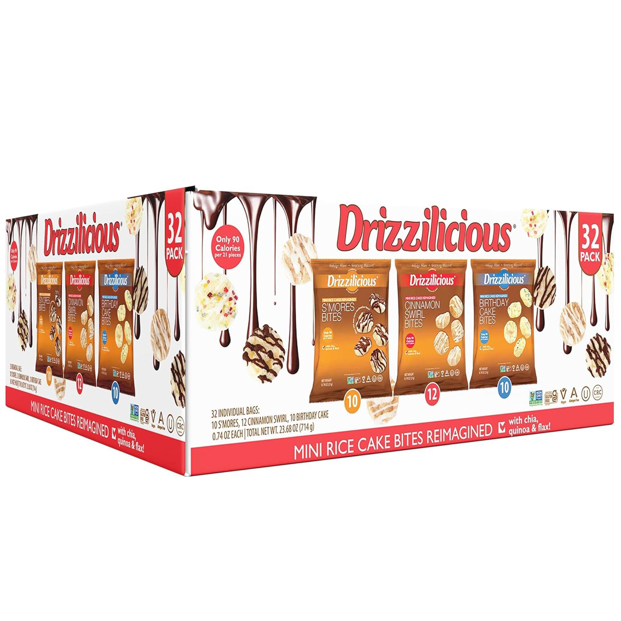 Drizzilicious Mini Rice Cakes Variety Pack - 32 Count of Healthy Vegan & Gluten-Free Rice Crisps Snacks (90 Calorie Per Bag) for Adults & Kids - Allergen-Free, .74oz Bags - Perfect for Lunchboxes, Office Snacking & On-The-Go Energy