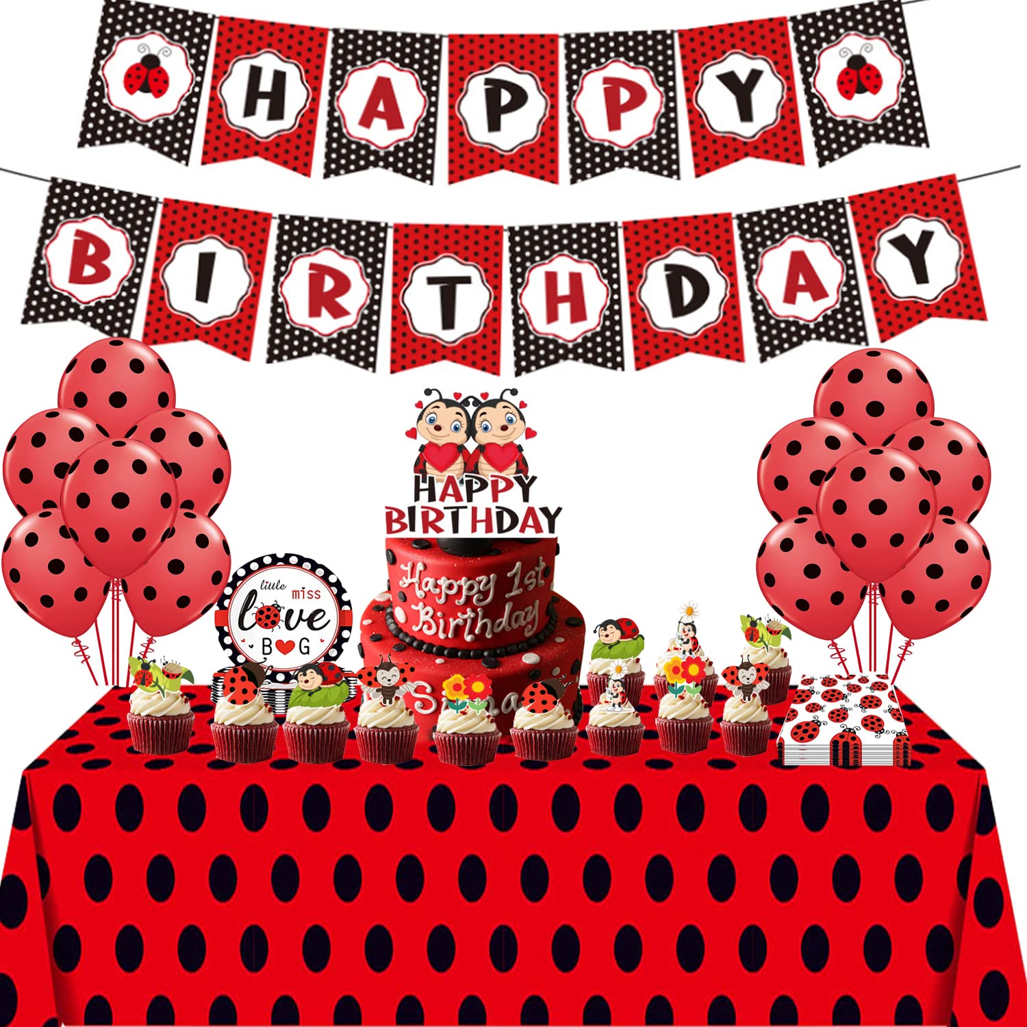 Ladybug Themed Birthday Party Supplies Kit for Girls - Includes Banner, Balloons, Tableware & Favor Pack for 8 Kids | Perfect for Garden Parties, Spring Celebrations & Children's Birthday Decorations