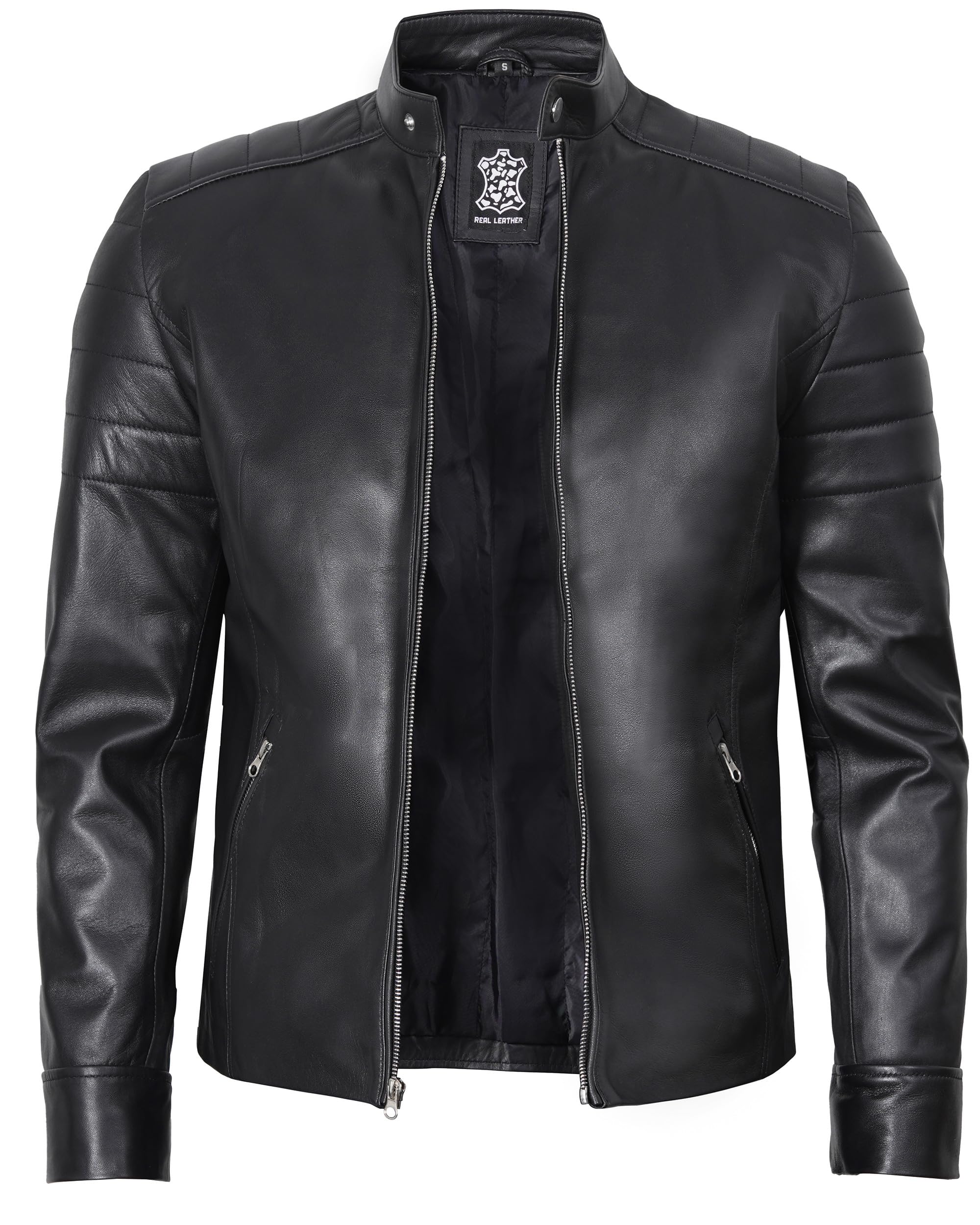 Premium Men's Cafe Racer Leather Jacket - Genuine Cowhide, Vintage Biker Style, Handcrafted Details for Motorcycle Riding & Casual Fashion