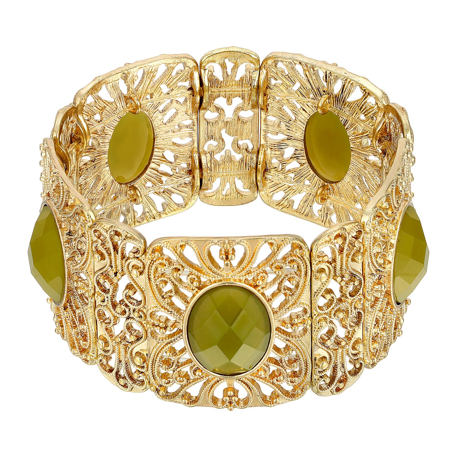 1928 Vintage Style Intricate Filigree Oval High Dome Faceted Stretch Bracelet - Elegant Jewelry for Women, Perfect for Parties, Weddings & Special Occasions