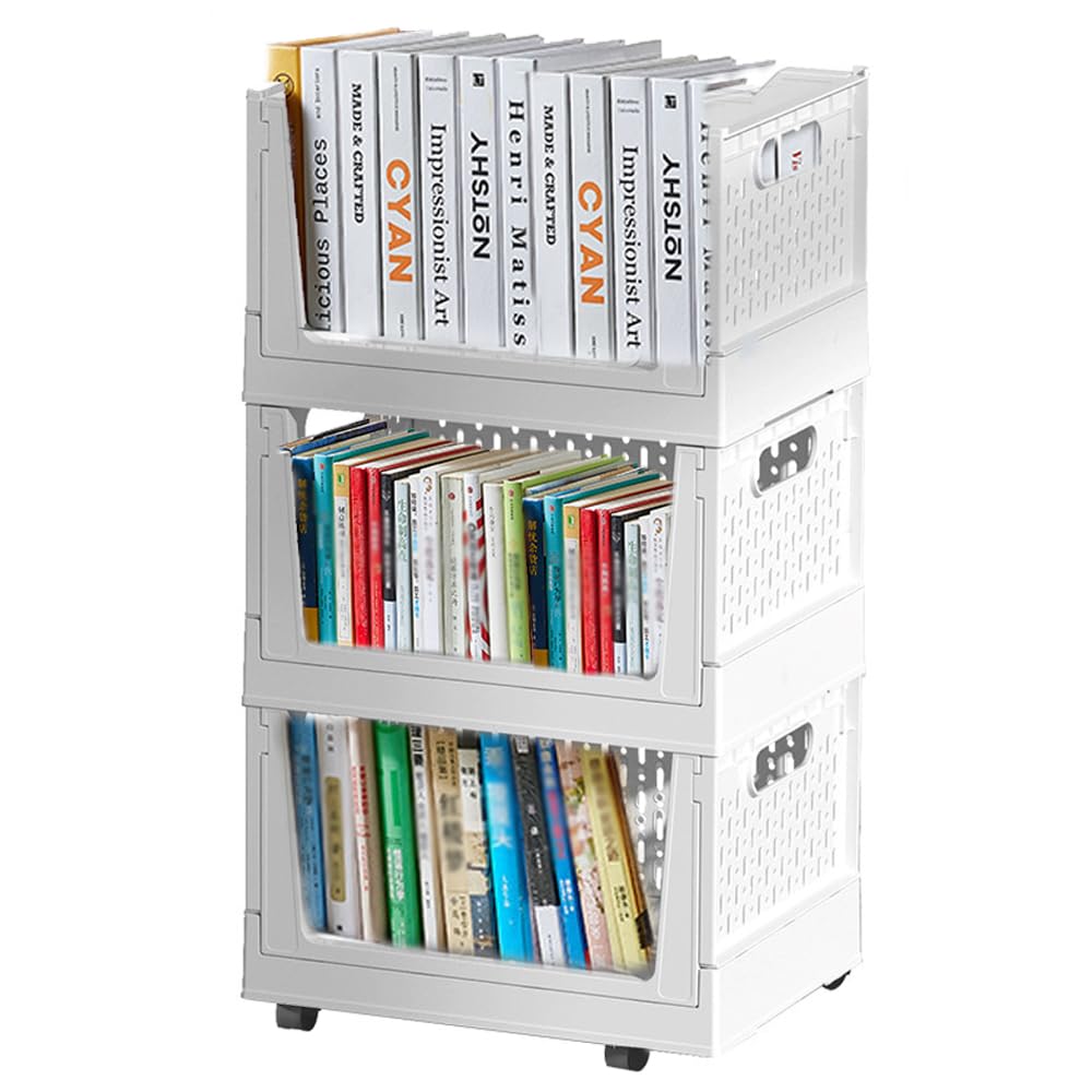 Stackable Plastic Storage Baskets with Wheels - 3 Pack Organizer Bins for Closet, Office, Bedroom, Wardrobe & Kitchen - White Storage Containers for Shelves & Drawers - Perfect for Home Organization & Space Saving