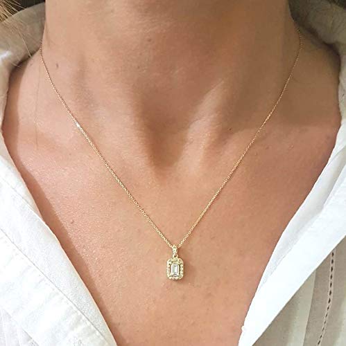 14K Real Solid Gold Baguette Halo Charm Pendant Necklace for Women - Elegant Jewelry Gift for Wife, Girlfriend, Mom - Perfect for Birthday, Anniversary & Special Occasions