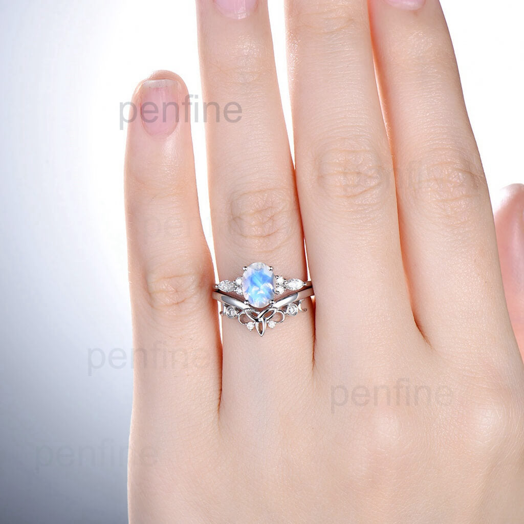 Viking Wedding Ring Set with Rainbow Moonstone - Norse Inspired Blue Oval Gemstone Engagement & Wedding Band for Women - Perfect for Handfasting Ceremonies, Pagan Weddings & Norse Themed Events