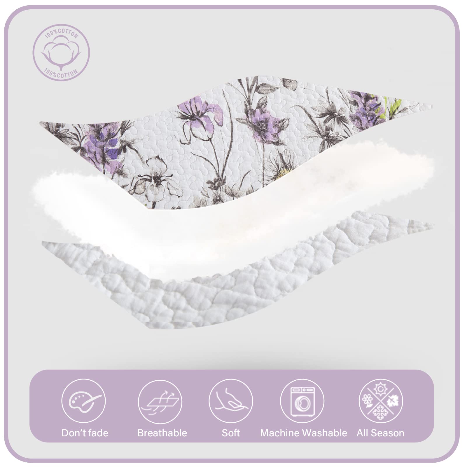 Y-PLWOMEN 100% Cotton King Size Floral Quilt Set - White Purple Lightweight Soft Bedspread for All Seasons (3-Piece) | Perfect for Master Bedroom, Guest Room & Cozy Home Decor