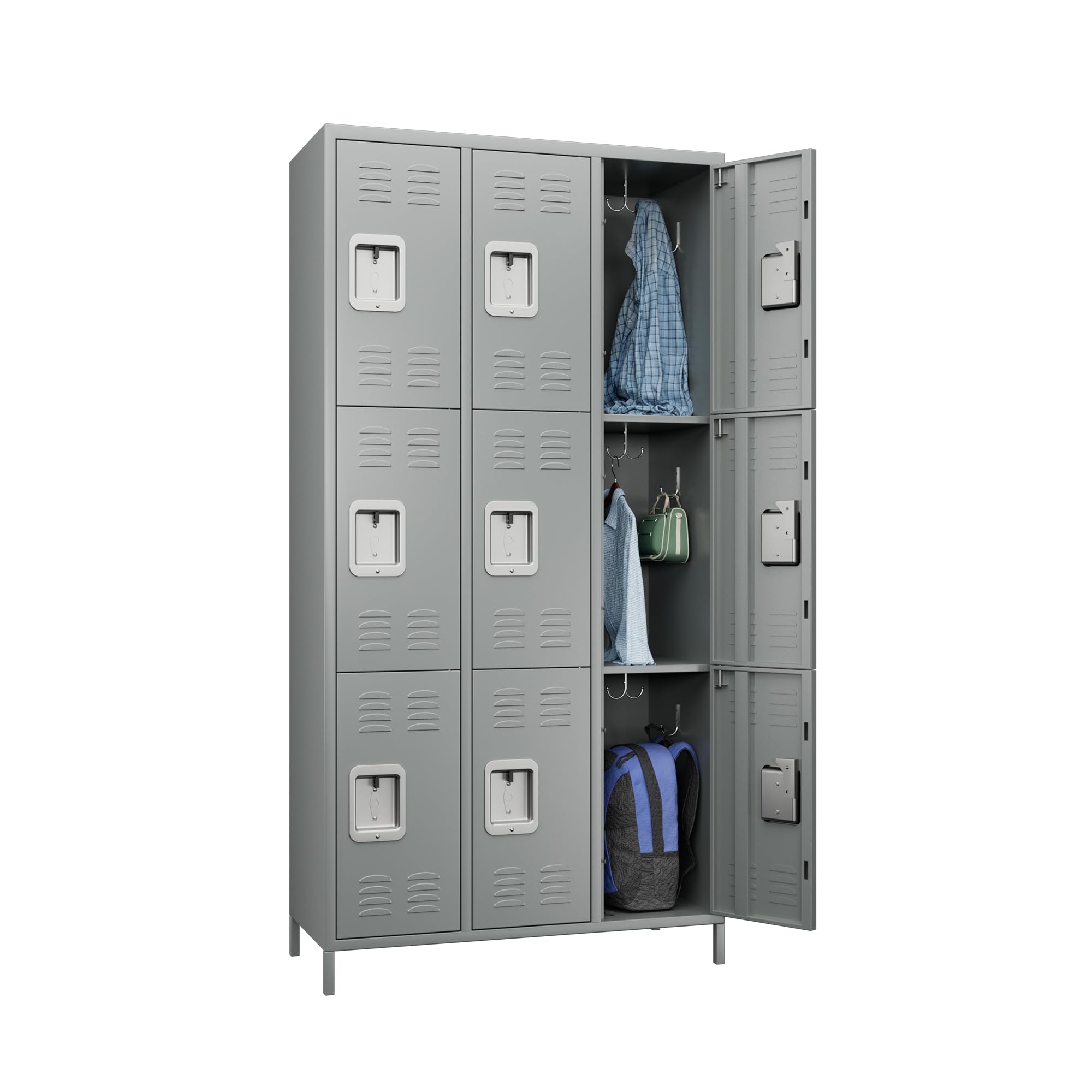 9-Door Metal Lockers with Lock - Heavy Duty Storage Locker for Employees, School, Office, Gym & Garage - Includes 27 Hooks - Light Grey (Assembly Required) - Perfect for Secure Storage in Workplaces, Schools, and Fitness Centers