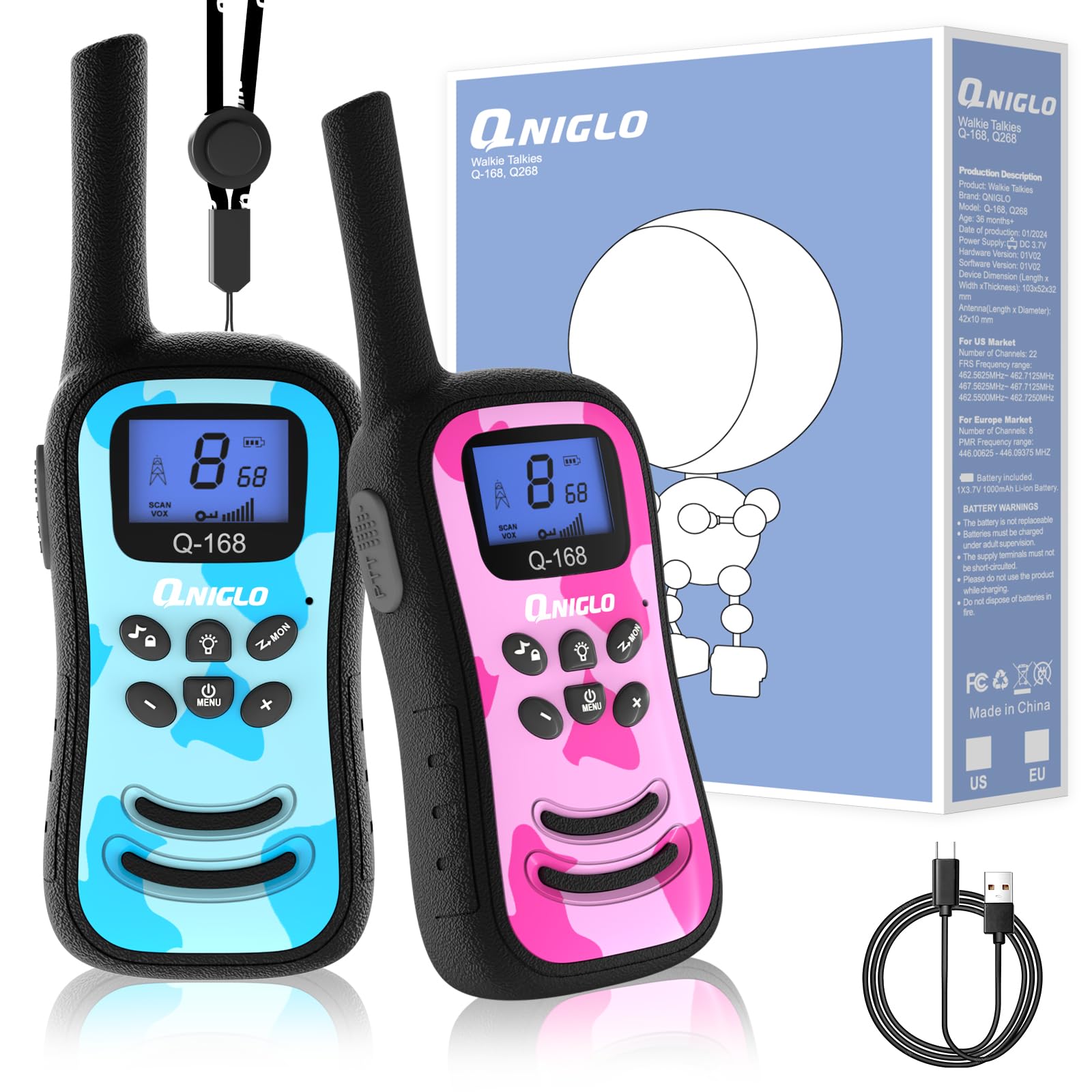 Qniglo Rechargeable Kids Walkie Talkies with 22 FRS Channels & VOX - Camo 2 Way Radios with LED Flashlight for Boys Girls | Perfect for Outdoor Camping, Hiking, Birthday Parties & Christmas Gifts