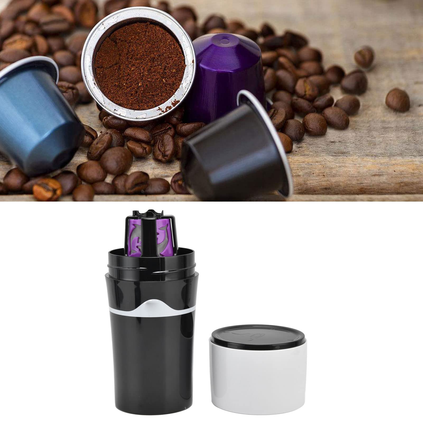 Portable Drip Coffee Maker for Travel - Reusable K Cup Compatible Coffee Machine with Capsules, Lightweight Camping Coffee Brewer for Outdoor, Office & Home Use (Black & White)