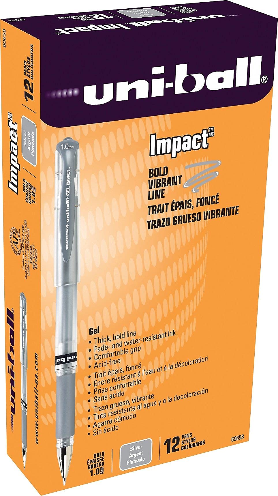uni-ball 60658 Uniball Gel Impact Roller Ball Pen - Medium Point, Silver Metallic Ink for Smooth Writing - Perfect for Office, School, Note Taking & Gift Giving