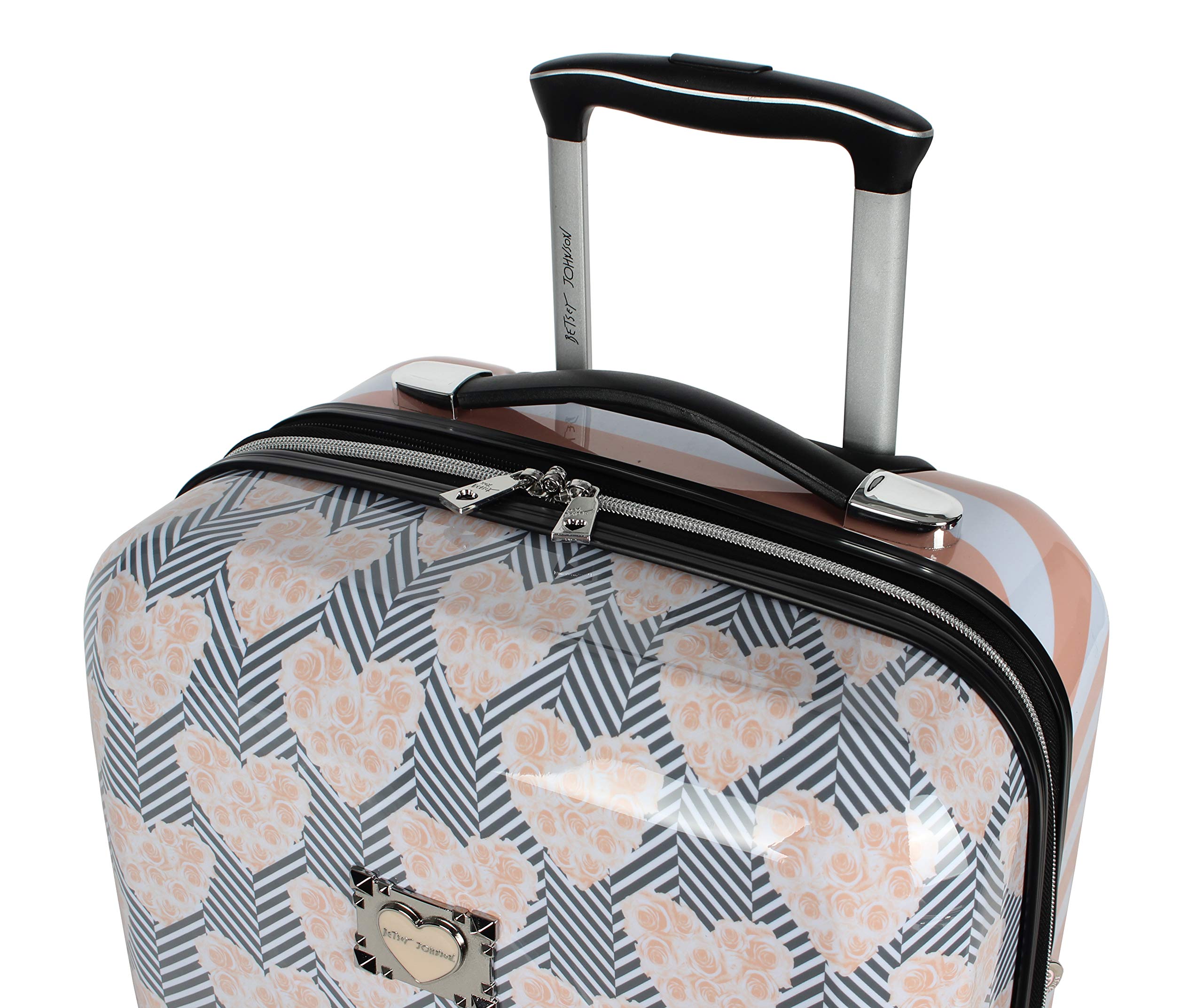**Betsey Johnson Designer 20 Inch Expandable Hardside Carry-On Luggage (ABS + PC) - Lightweight Durable Suitcase with 8 Spinner Wheels for Women - Chevron Hearts Print - Perfect for Air Travel & Weekend Getaways**