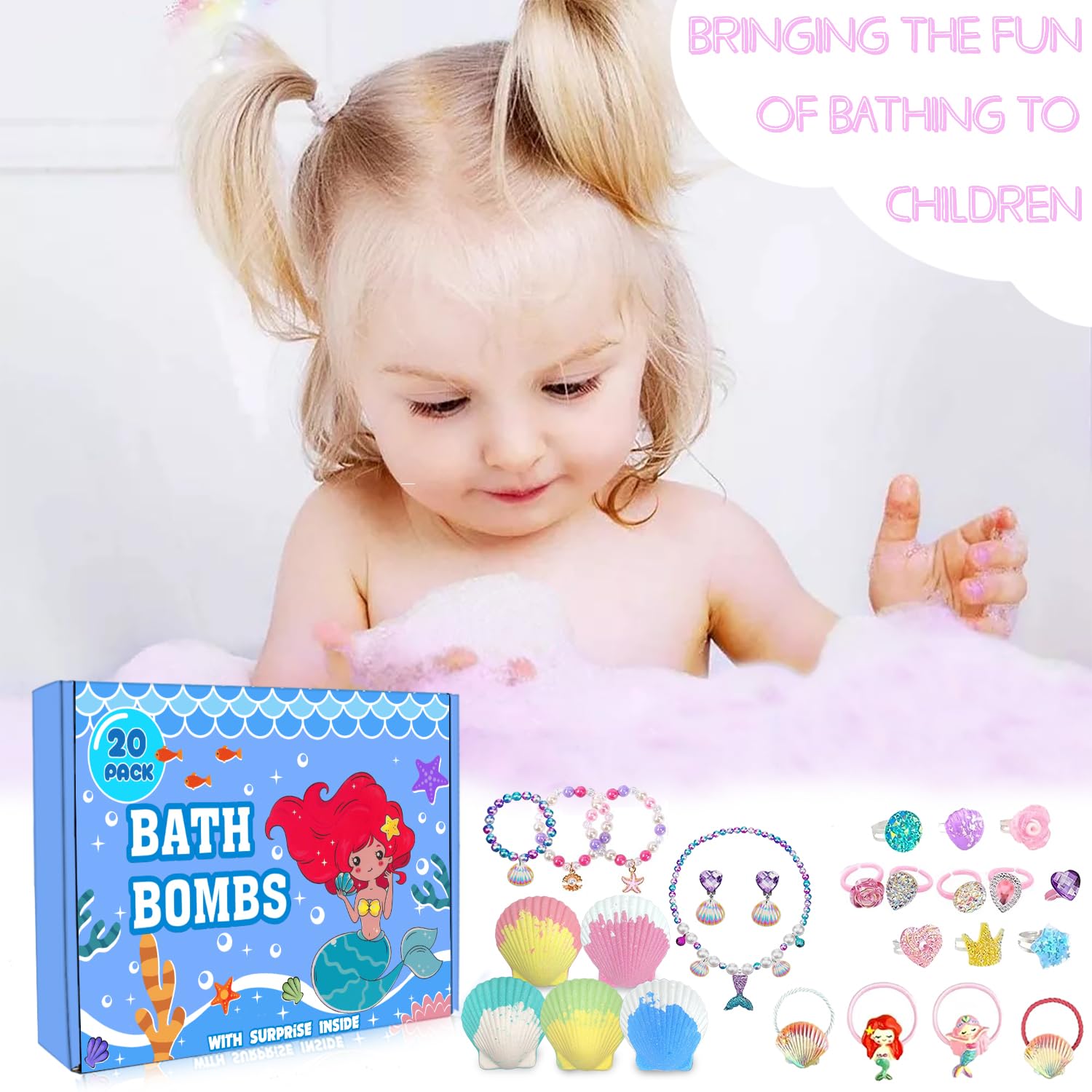 20 Pack Mermaid Bath Bombs for Kids - Surprise Inside with Princess Jewelry, Natural Organic Bubble Shell Bath Bomb Set - Perfect Birthday, Easter & Christmas Gifts for Girls - Fun Bath Time & Party Favors