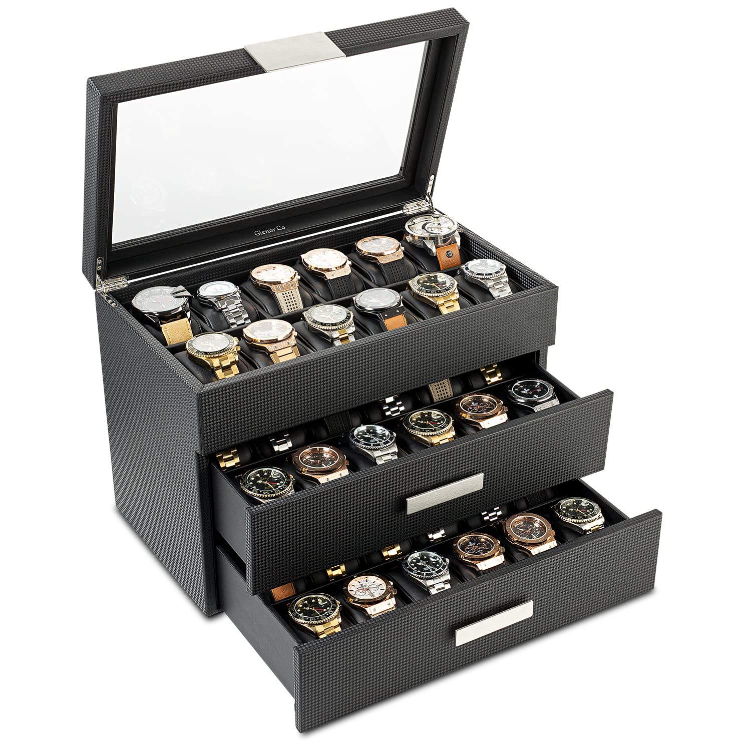 36-Slot Luxury Carbon Fiber Watch Box for Men with Large Glass Lid - Elegant Watch Display Case with Metal Accents & Sturdy Hinges - Perfect Watch Organizer for Dress Watches, Sports Watches & Collector's Timepieces - Ideal for Home Display, Office Decor & Gift Giving