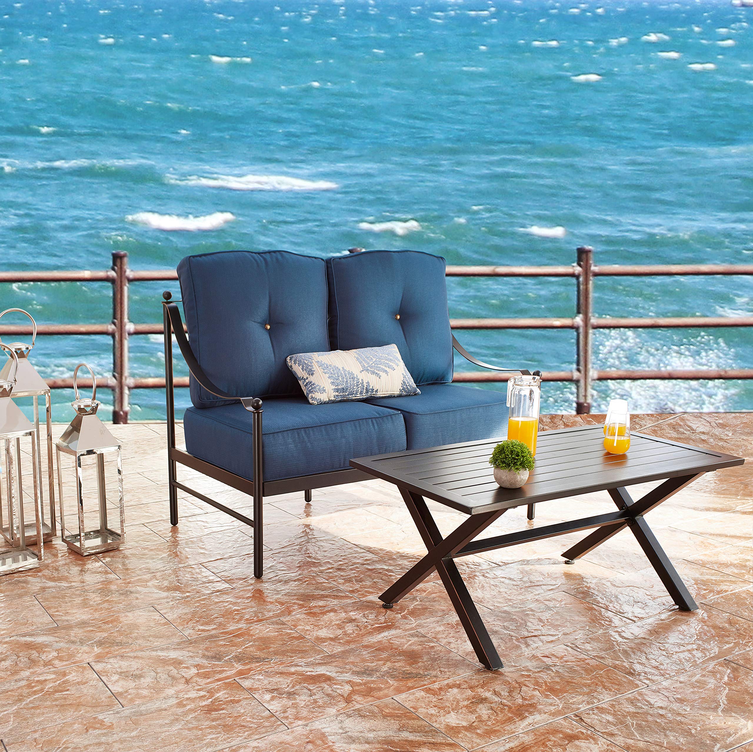 LOKATSE HOME 2-Piece Outdoor Patio Loveseat Set with X-Leg Coffee Table - Waterproof Cushioned Conversation Furniture for Garden, Yard, Porch, Poolside (Blue) | Perfect for Relaxing, Entertaining Guests, and Enjoying Summer Evenings