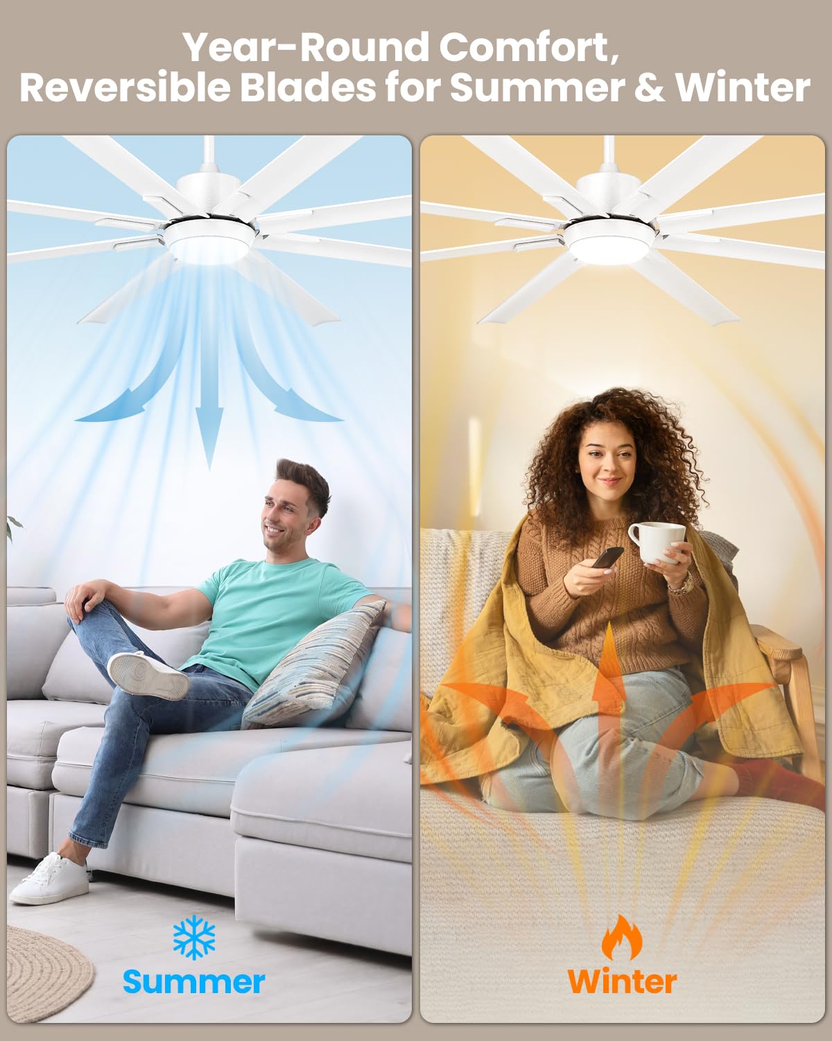 72 Inch Large Industrial Ceiling Fan with Light & Remote - 8 Aluminum Blades, Energy Efficient DC Motor, Reversible Airflow - Perfect for Living Room, Patio, Garage, Warehouse & Commercial Spaces - White - Ideal for Cooling Large Areas, Improving Air Circulation & Enhancing Home/Office Decor