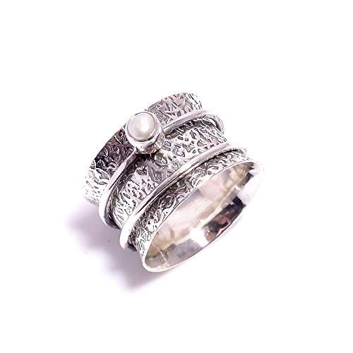 Handmade Genuine Pearl Spinner Ring for Women - Sterling Silver & Gold Mix Metal Fidget Jewelry with Gemstones | Stress Relief, Meditation, Gift for Girlfriend, Wife, Sister | Elegant Boho Fashion Accessory