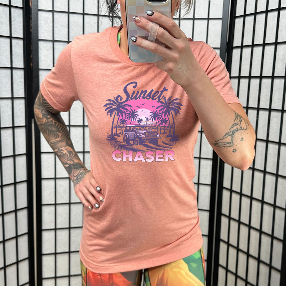 Sunset Chaser Graphic T-Shirt for Men & Women - Casual Unisex Tee for Beach Vacation, Music Festivals & Outdoor Adventures