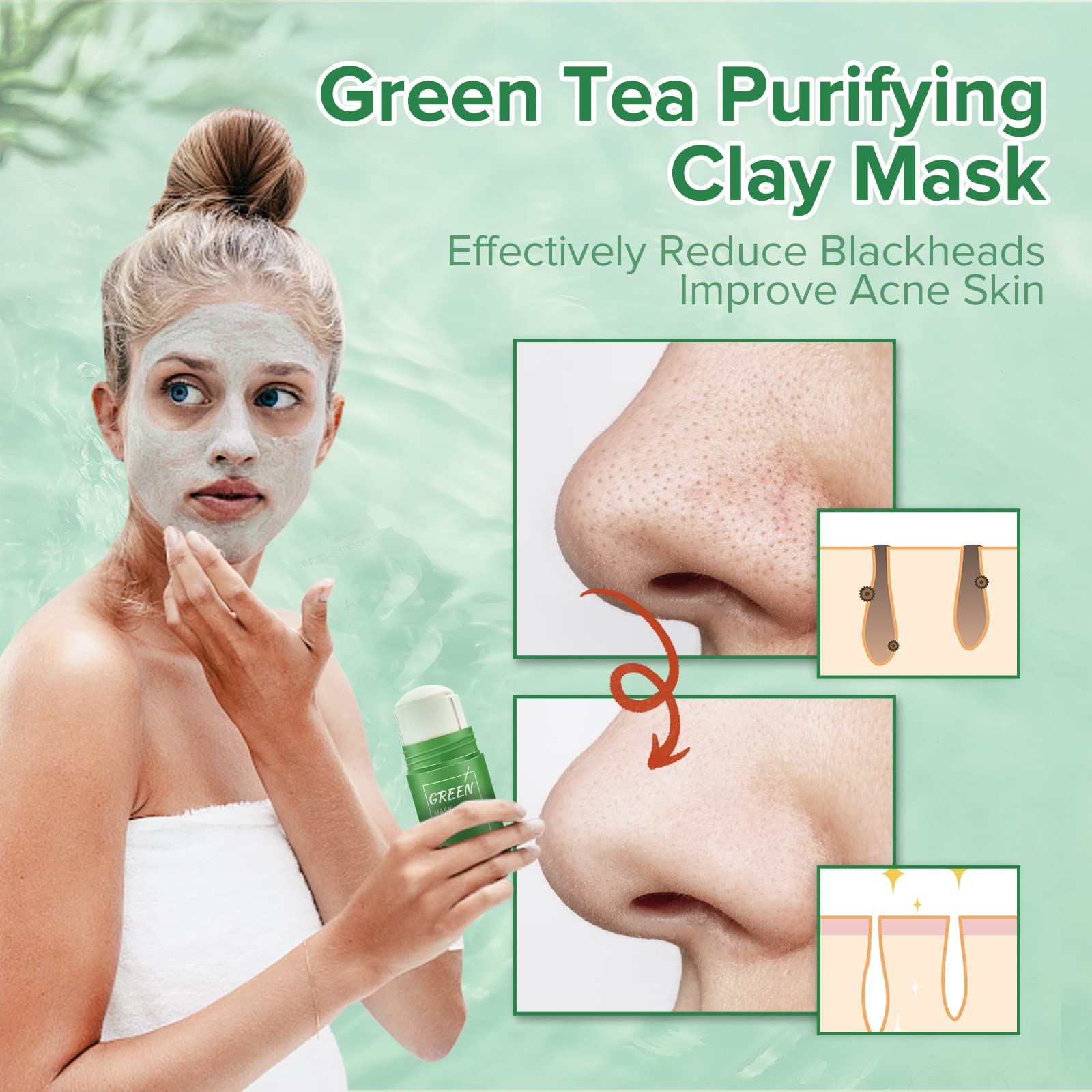 2 Pack Green Tea Cleansing Mask Stick - Blackhead Remover & Pore Purifying Clay Stick for Acne Prone Skin, Oil Control & Deep Cleansing for Women & Men | Perfect for Daily Skincare Routine & Spa Night