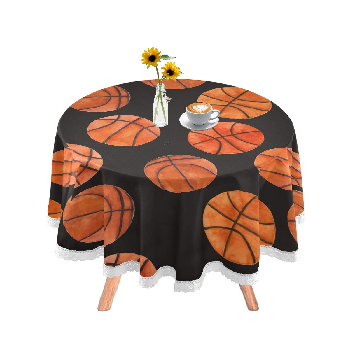 DOMIKING 60 Inch Round Tablecloth - Watercolor Basketball Design Washable Polyester Table Cover for Holiday Dinners, Parties, Game Nights & Sports-Themed Events