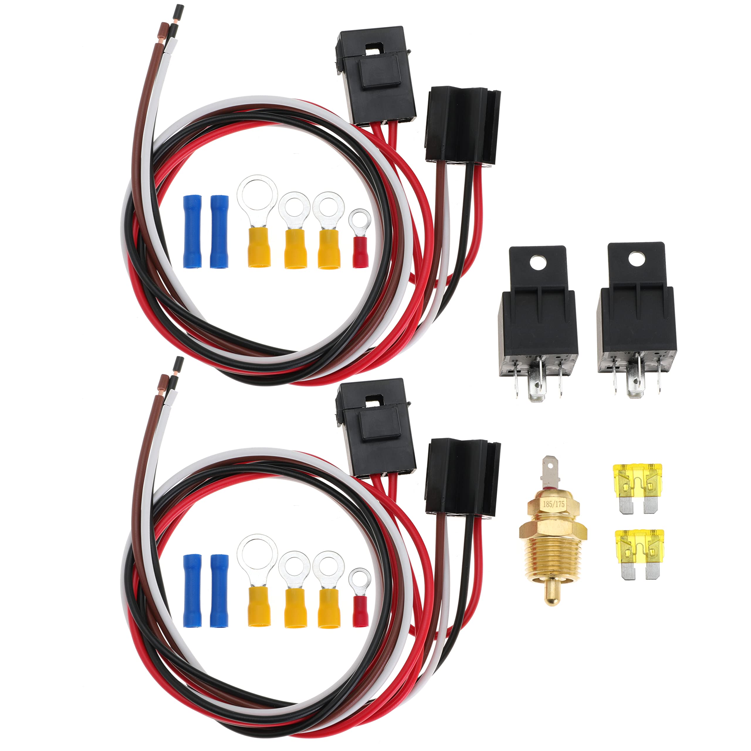 Dual Electric Fan Relay Kit with 40A Temperature Sensor Switch - 185°F On / 175°F Off - Waterproof Radiator Cooling Thermostat Wiring Harness for Car, Truck & SUV Cooling System Upgrade
