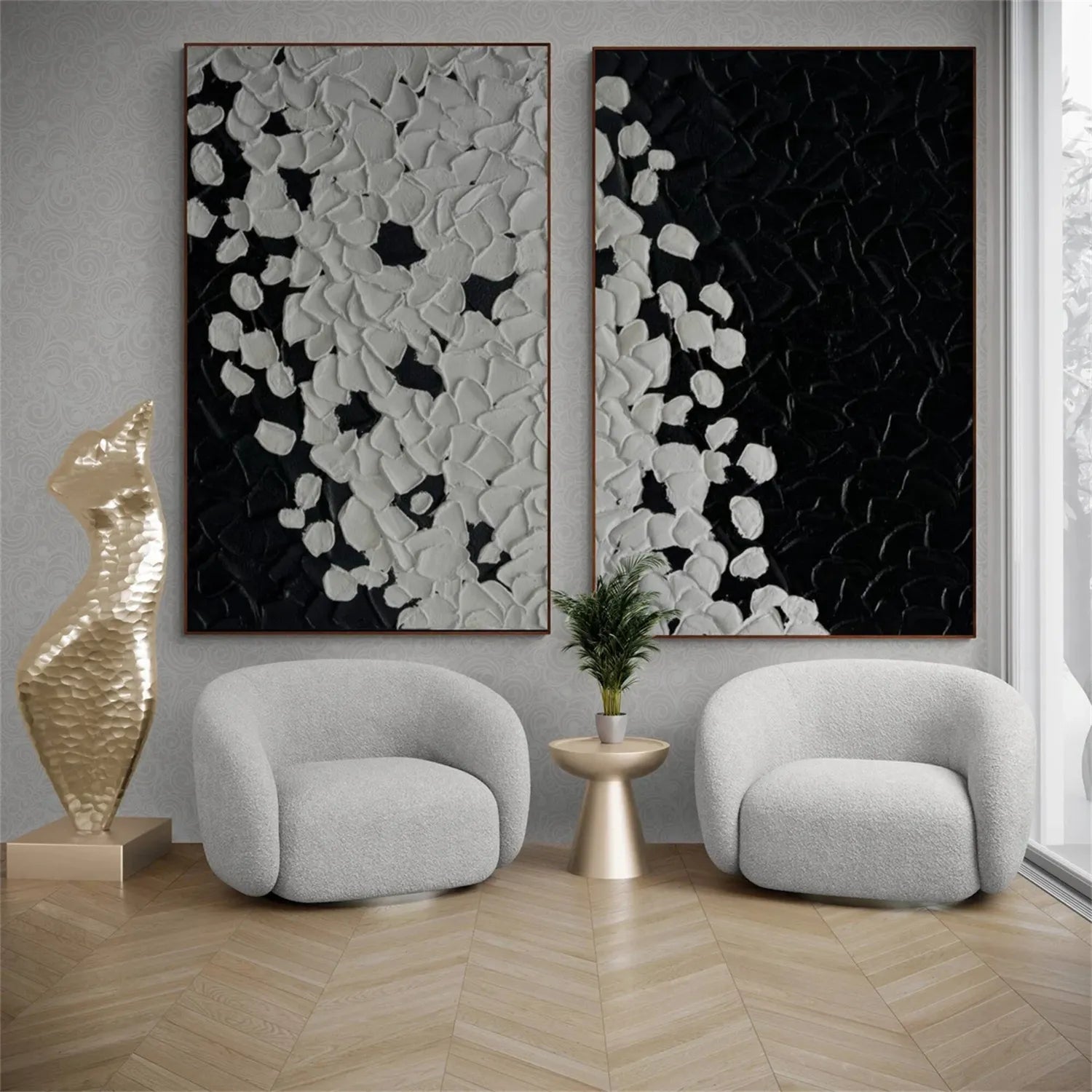 Modern Black and White Textured Minimalist Wall Art Set of 2 - Abstract Canvas Paintings for Living Room, Bedroom & Office Decor #MZ107