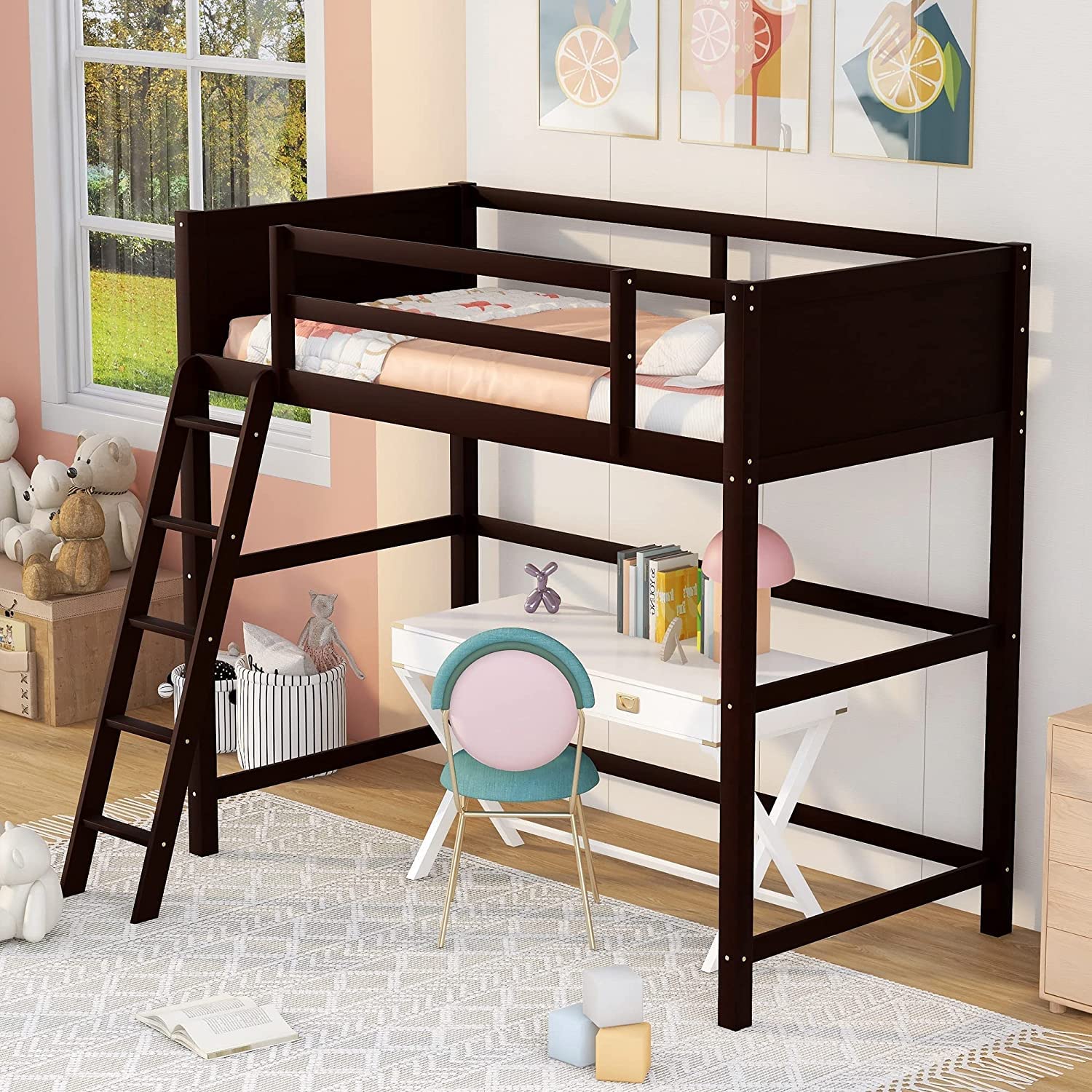 Harper & Bright Designs Twin Loft Bed Frame with Angled Ladder - Sturdy Wooden High Loft Bed for Kids, Teens, Boys & Girls - No Box Spring Needed - Espresso Finish - Perfect for Small Bedrooms, Dorm Rooms & Space-Saving Kids' Rooms