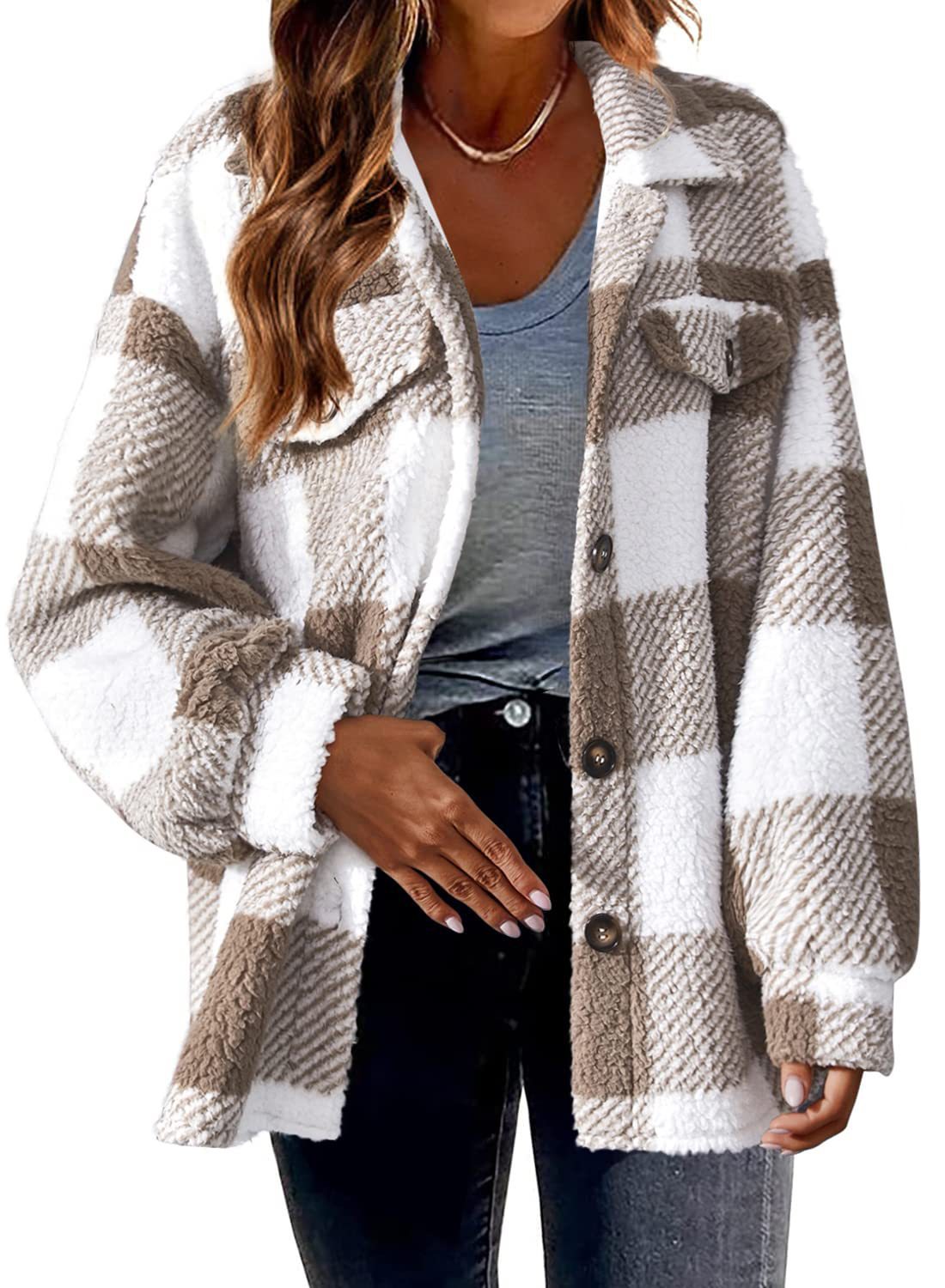 Women's Wool Plaid Jacket with Turn-Down Collar & Pockets - Single Breasted Button Down Coat for Autumn & Winter - Perfect for Office, Casual Outings & Outdoor Activities