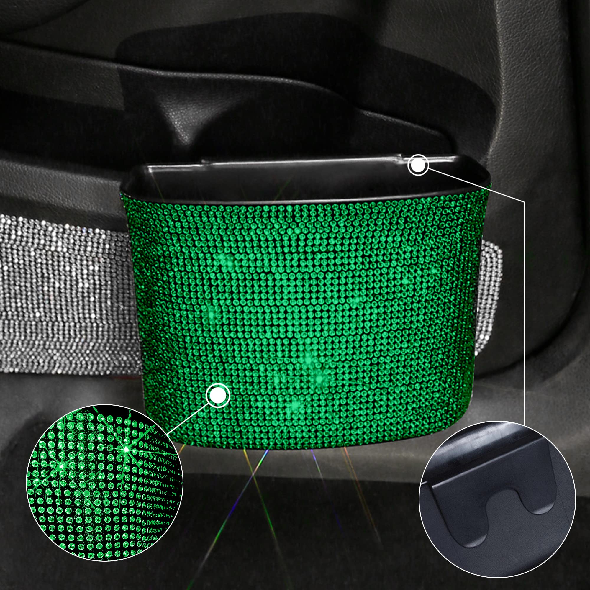 Pomelo Litchi Pitaya Glitter Diamond Car Organizer - Rhinestone Trash Bin with 2 Hooks, Ticket Clip & Start Engine Circle (Green) | Perfect for Car Storage, Gift Box & Glamorous Vehicle Accessories