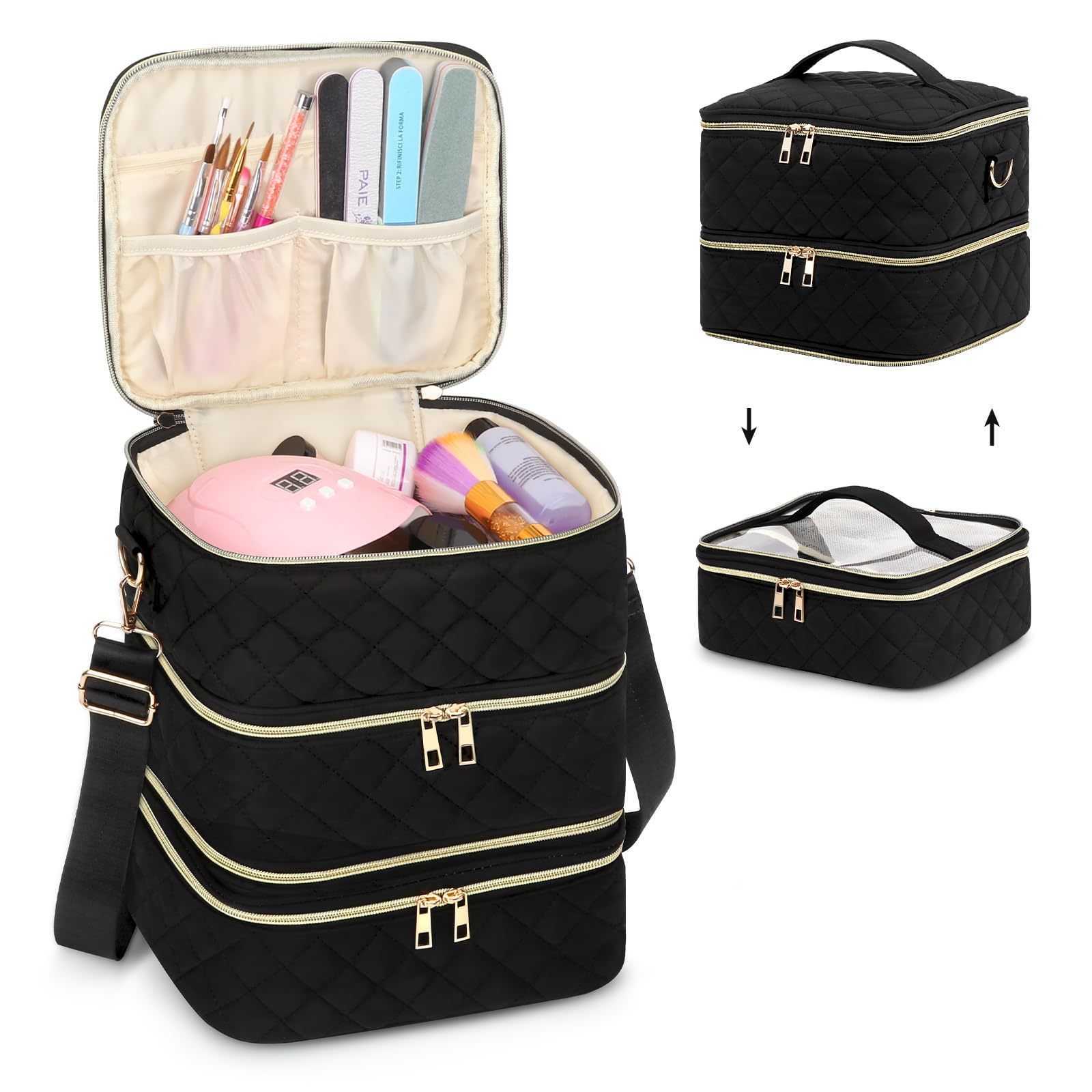3-Layer Nail Polish Organizer Case with Dividers - Holds 60 Bottles & Nail Lamp - Detachable Nail Tech Storage Bag for Salon & Travel - Perfect for Nail Artists & DIY Manicures at Home