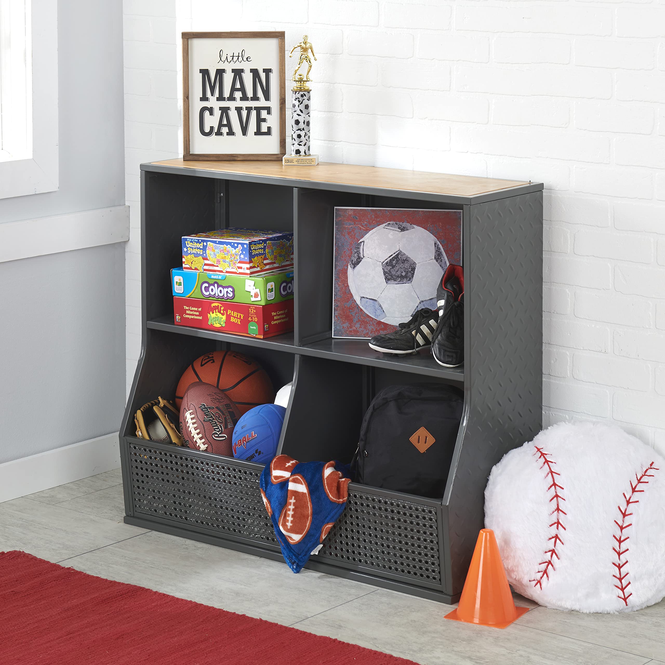 Badger Basket 6-Bin Metal & Bamboo Toy Storage Organizer - Charcoal/Natural - Perfect for Kids' Room, Playroom & Nursery Organization