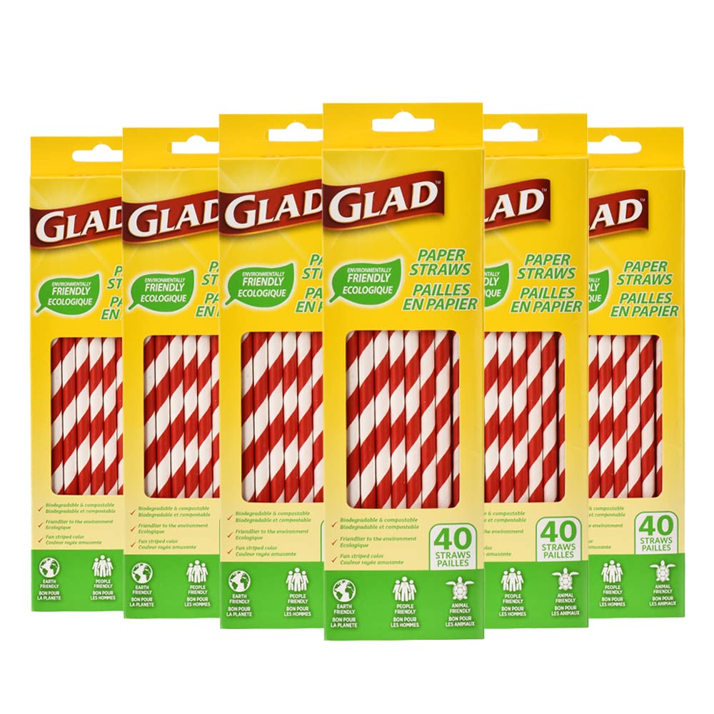 Eco-Friendly Biodegradable Paper Straws 6 Pack (240 Count) - Red and White Striped Drinking Straws for Parties, Restaurants, and Home Use