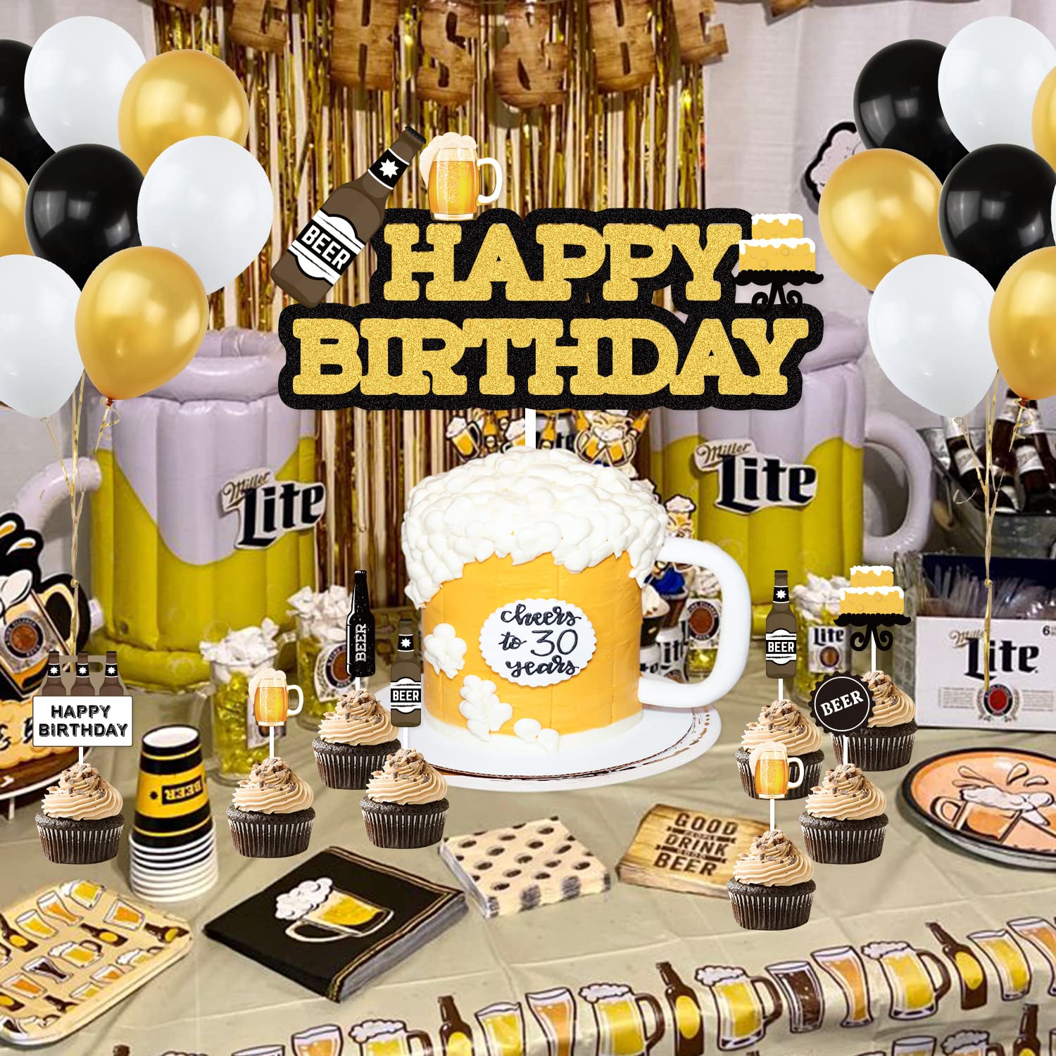 Cheers & Beers Happy Birthday Party Decorations Set - Aged to Perfection Banner, Balloons & Supplies for Men's 30th 40th 50th Birthday - Perfect for Beer Themed Parties, Bachelor Celebrations & Man Cave Decor