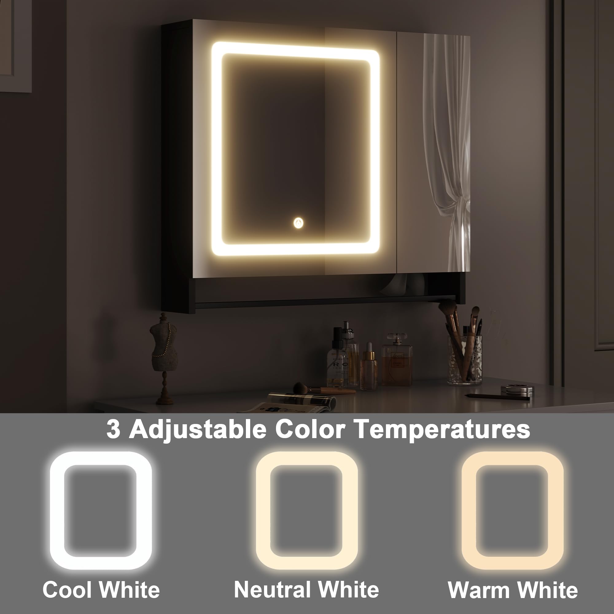 ChooChoo LED Medicine Cabinet with Mirror - Wall Mounted Bathroom Storage with Adjustable Shelves & Towel Bar, Black - Perfect for Modern Bathrooms & Vanity Organization