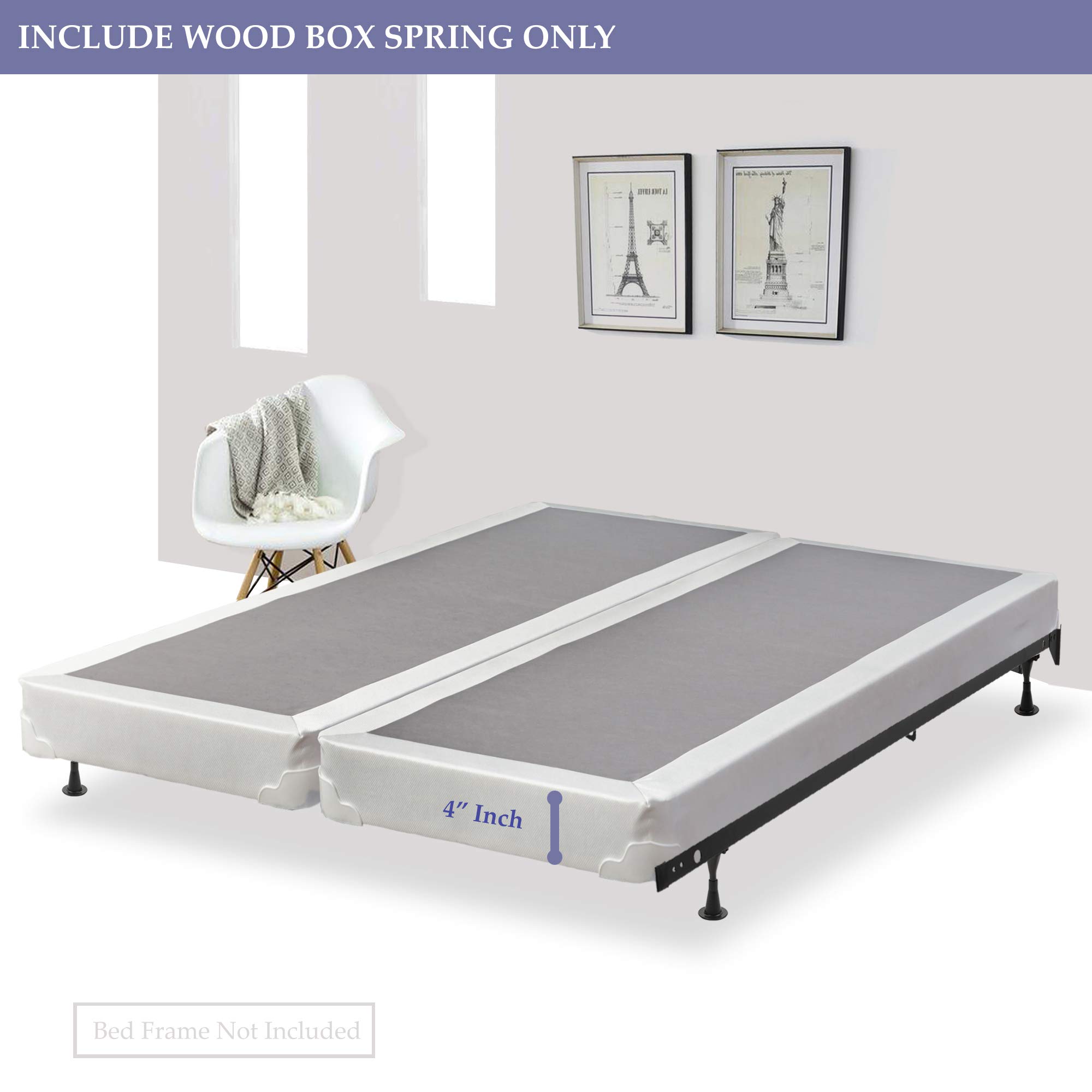 4-Inch Wood Split Low Profile Box Spring Foundation for Queen Mattress - White | Traditional Support for Better Sleep | Perfect for Bedrooms, Guest Rooms & Dormitories