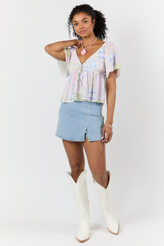 Luminous Days Multi Patch Print Short Sleeve Blouse for Women - Trendy Casual Summer Top - Perfect for Beach Outings, Music Festivals & Date Nights