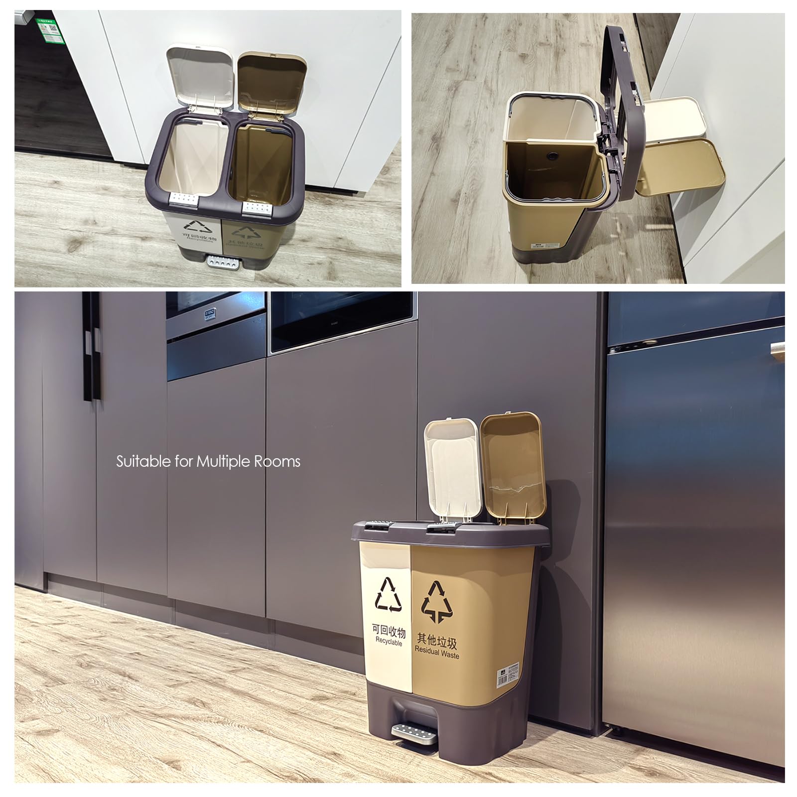 Winsterch 20L Dual Compartment Trash and Recycling Bin with Lid - 2 Section Plastic Waste Basket, Foot Pedal Operated Garbage Can for Kitchen, Bathroom, Bedroom & Home Office - Perfect for Waste Sorting and Space Saving Organization