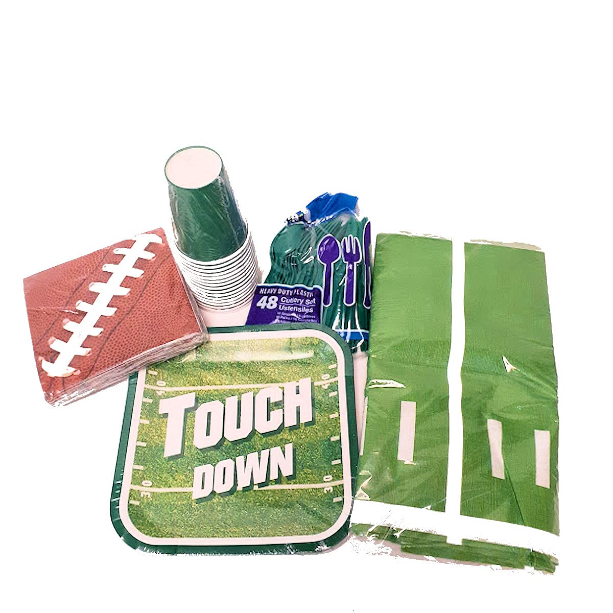 Football Game Day Party Supplies Set - Touchdown Plates, Football Napkins, Cups & Utensils with Football Field Table Cover | Perfect for Super Bowl Parties, Tailgating & Sports Themed Events